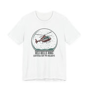 White t-shirt with a graphic of a helicopter in a snow globe and text "Heli-bells ring: certified for the holidays" by Rotor Wash & Wear