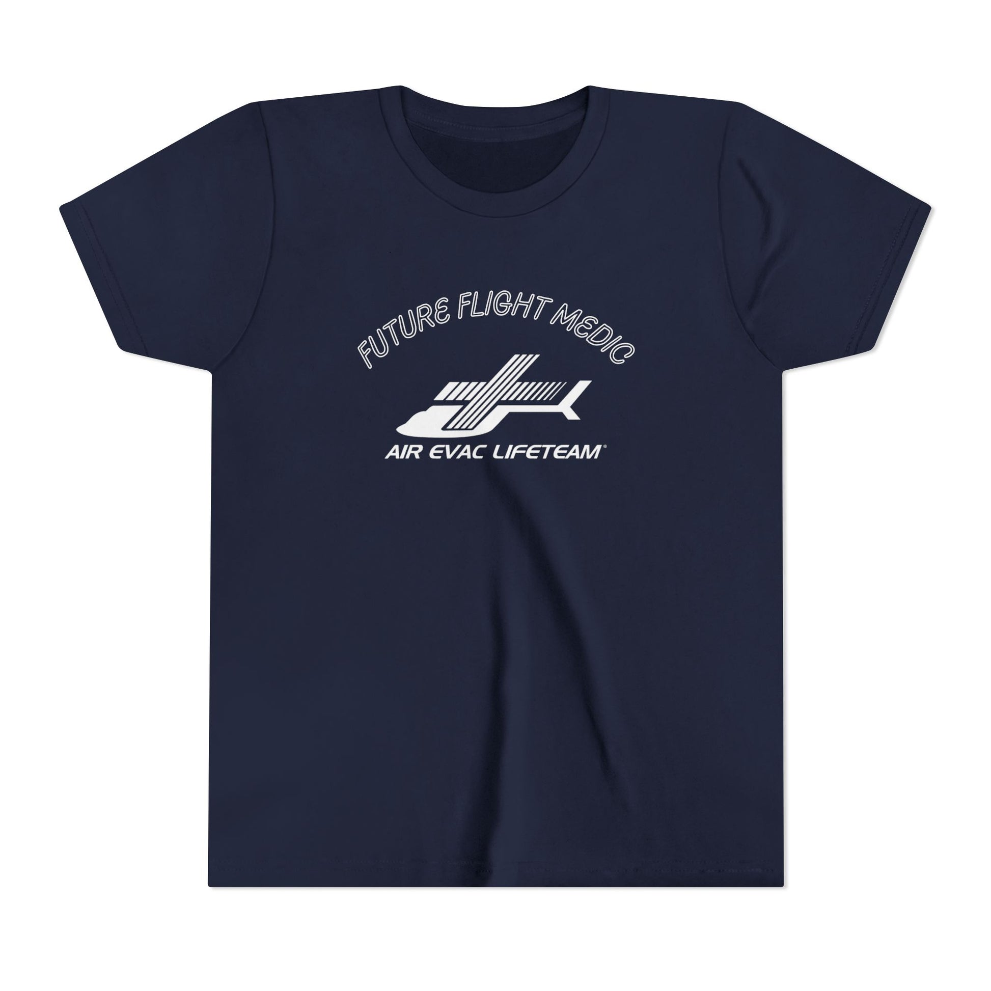 Navy blue kid's t-shirt with Air Evac Lifeteam logo and text "Future Flight Medic" by Rotor Wash & Wear
