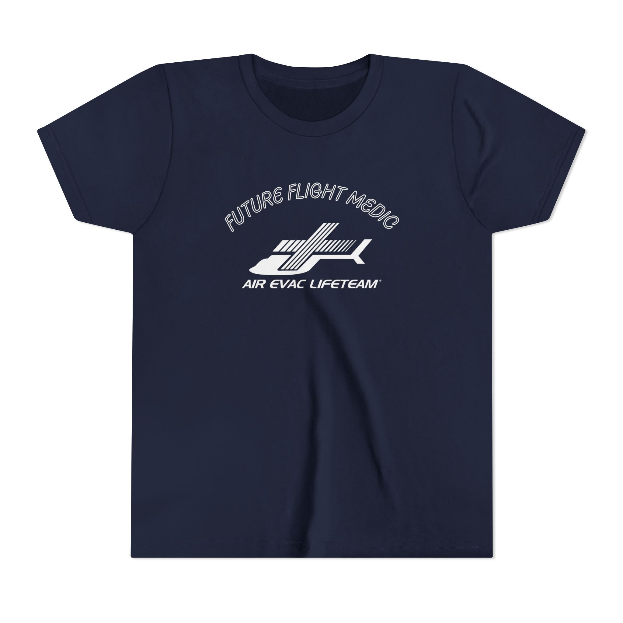 Navy blue kid's t-shirt with Air Evac Lifeteam logo and text "Future Flight Medic" by Rotor Wash & Wear