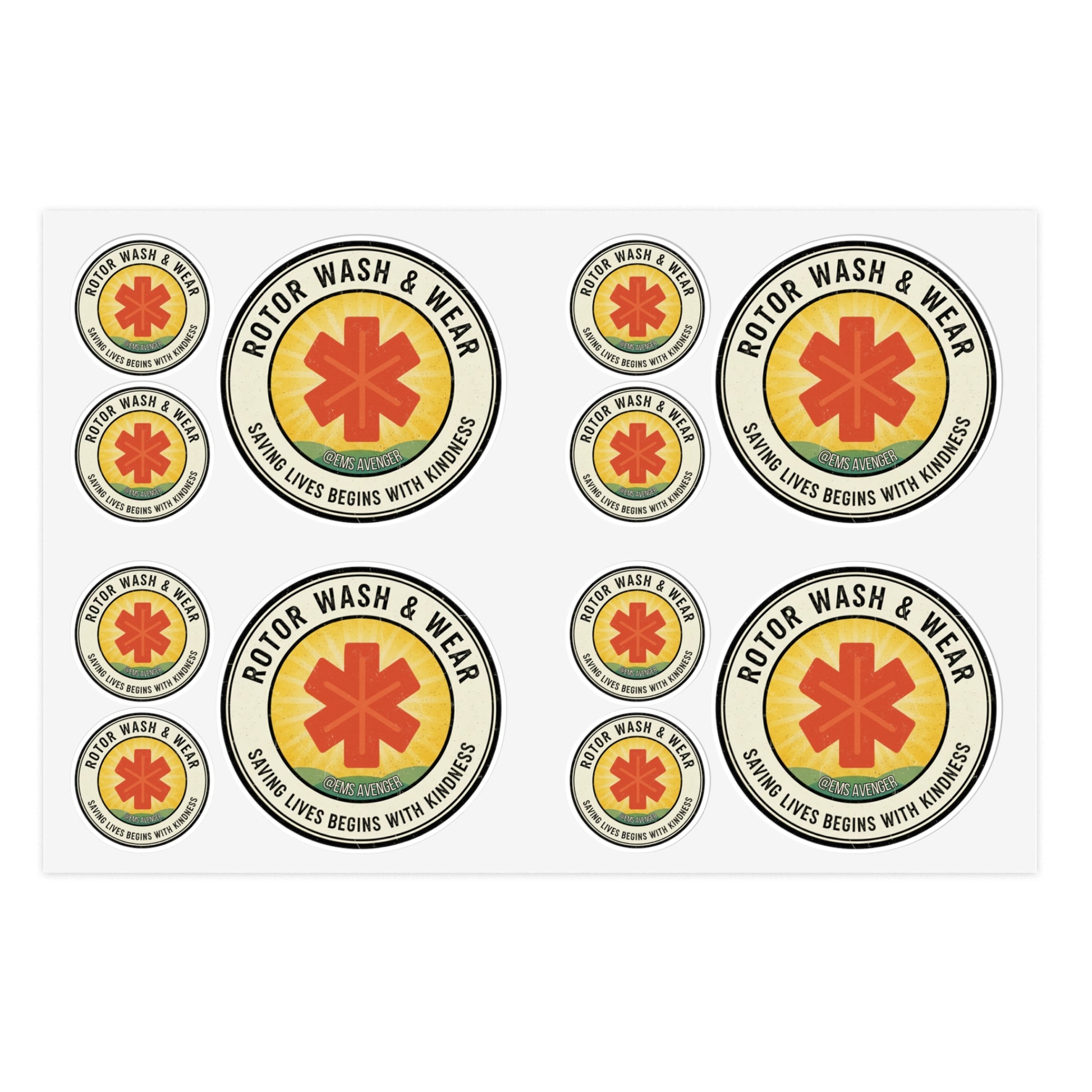 Set of Rotor Wash & Wear & EMS Avenger stickers with text "Saving Lives Begins With Kindness"