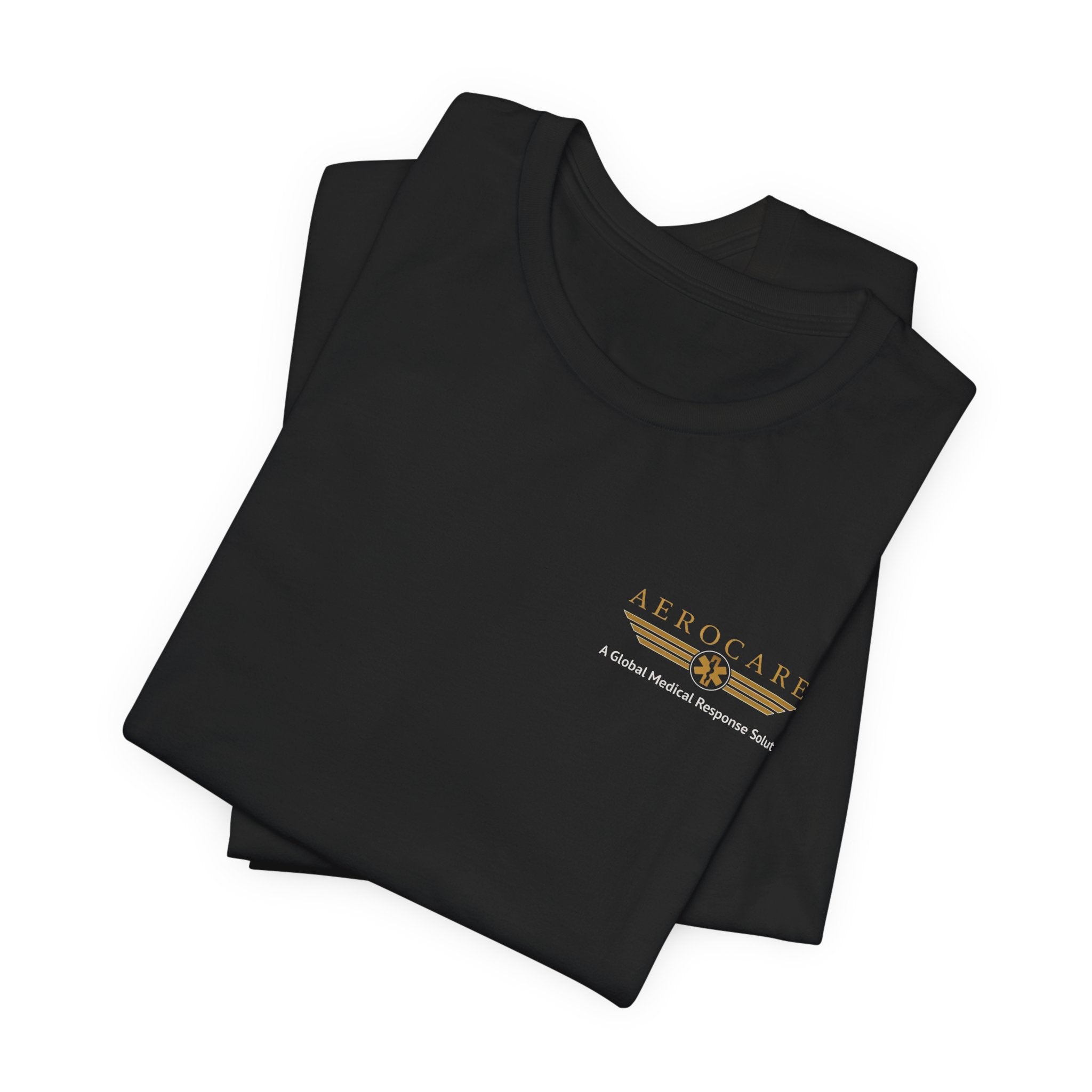 Folded black t-shirt with Aerocare logo on the chest against a white background