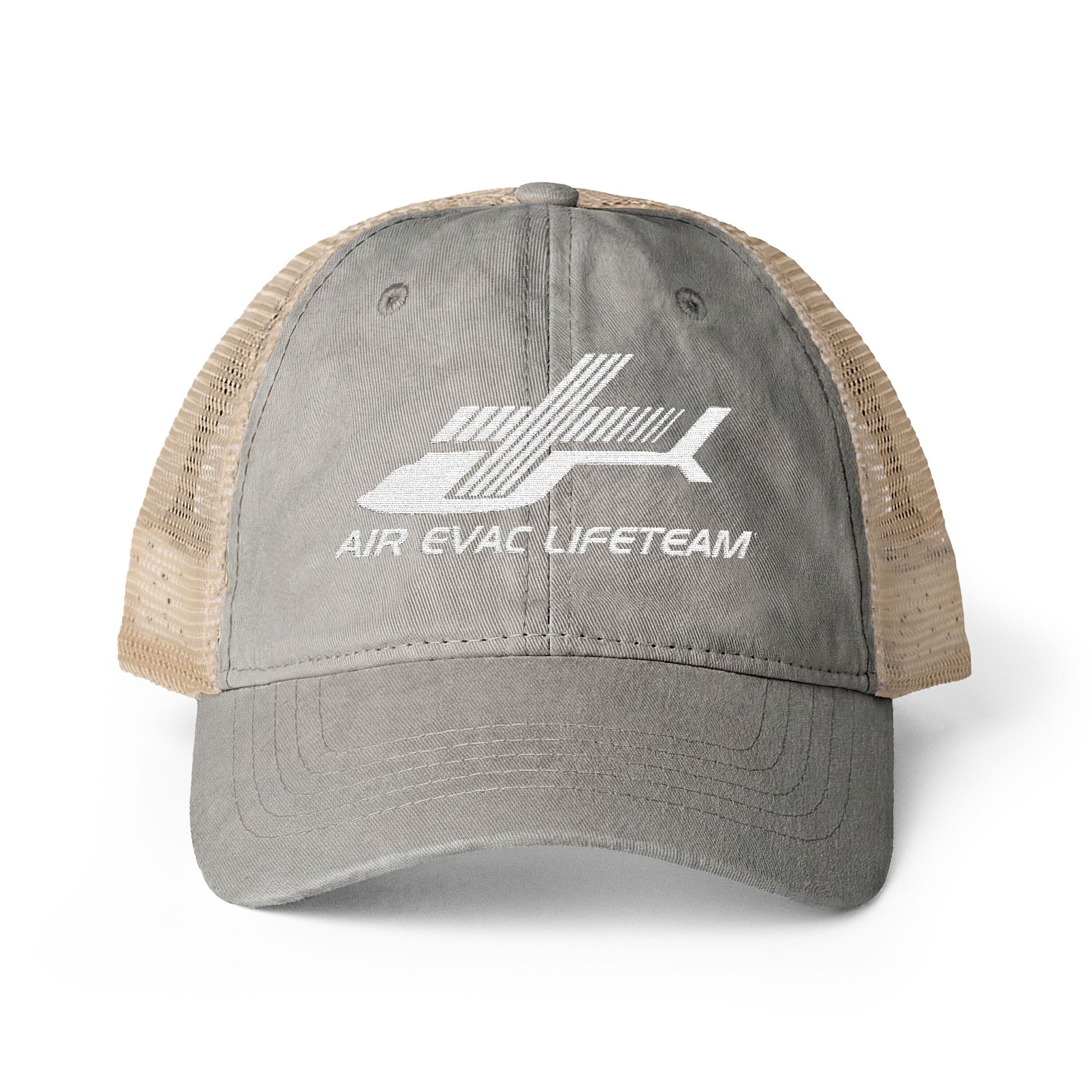 Gray women's trucker hat with beige mesh back and embroidered 'Air Evac Lifeteam' logo on a white background