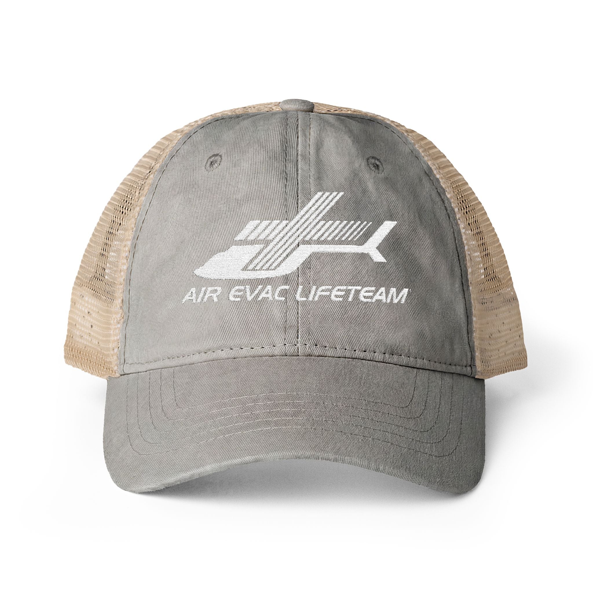Gray women's trucker hat with beige mesh back and embroidered 'Air Evac Lifeteam' logo on a white background