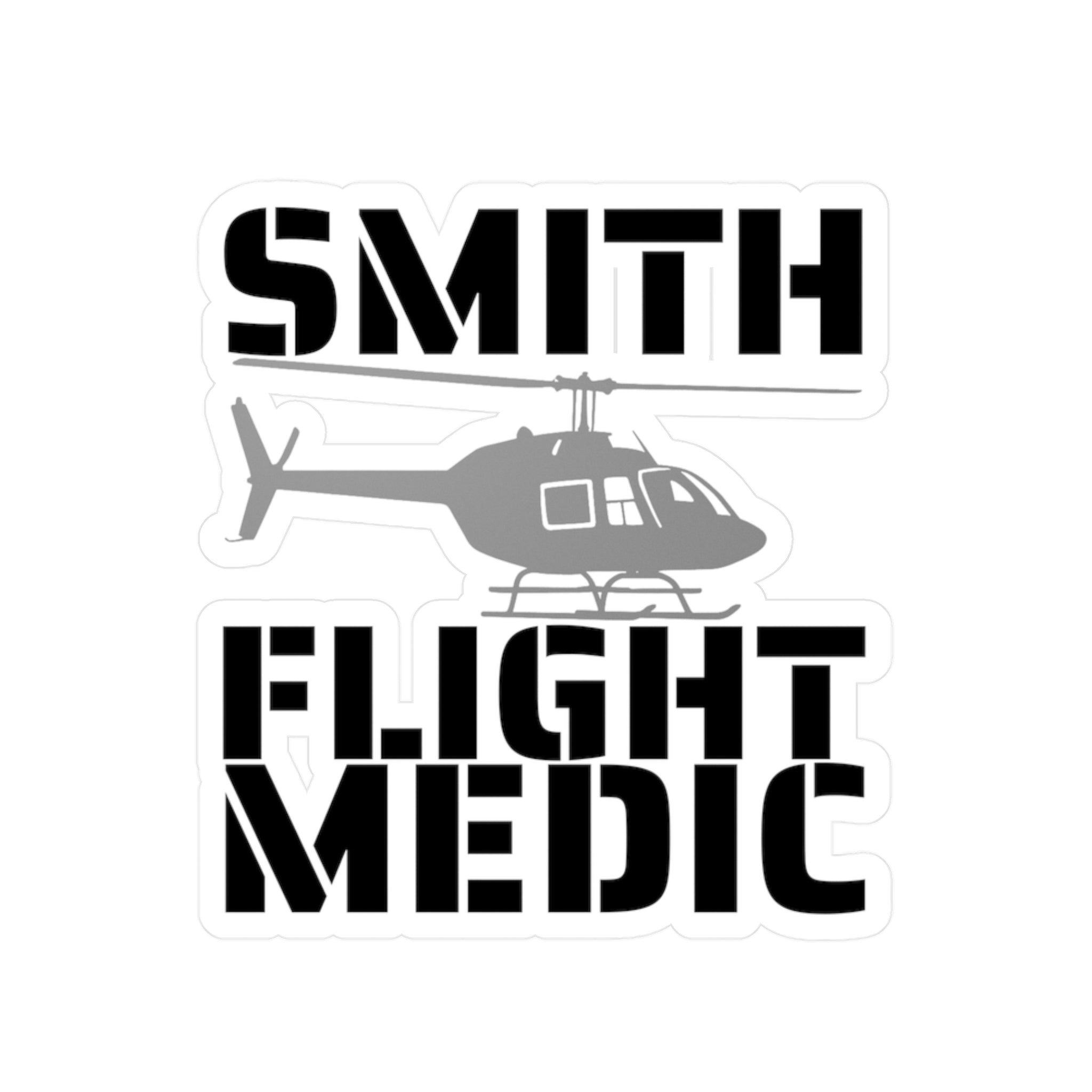 Customizable sticker with helicopter silhouette and 'Smith Flight Medic' text on a white background