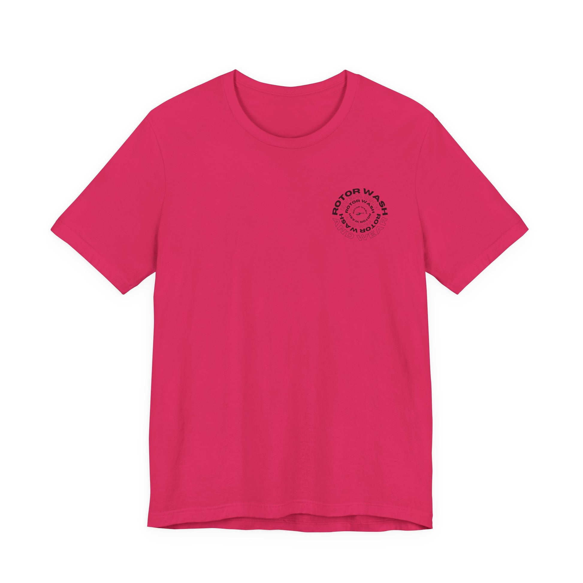 Pink t-shirt with 'Rotor Wash and Wear' circular design text design on the left chest on a white background