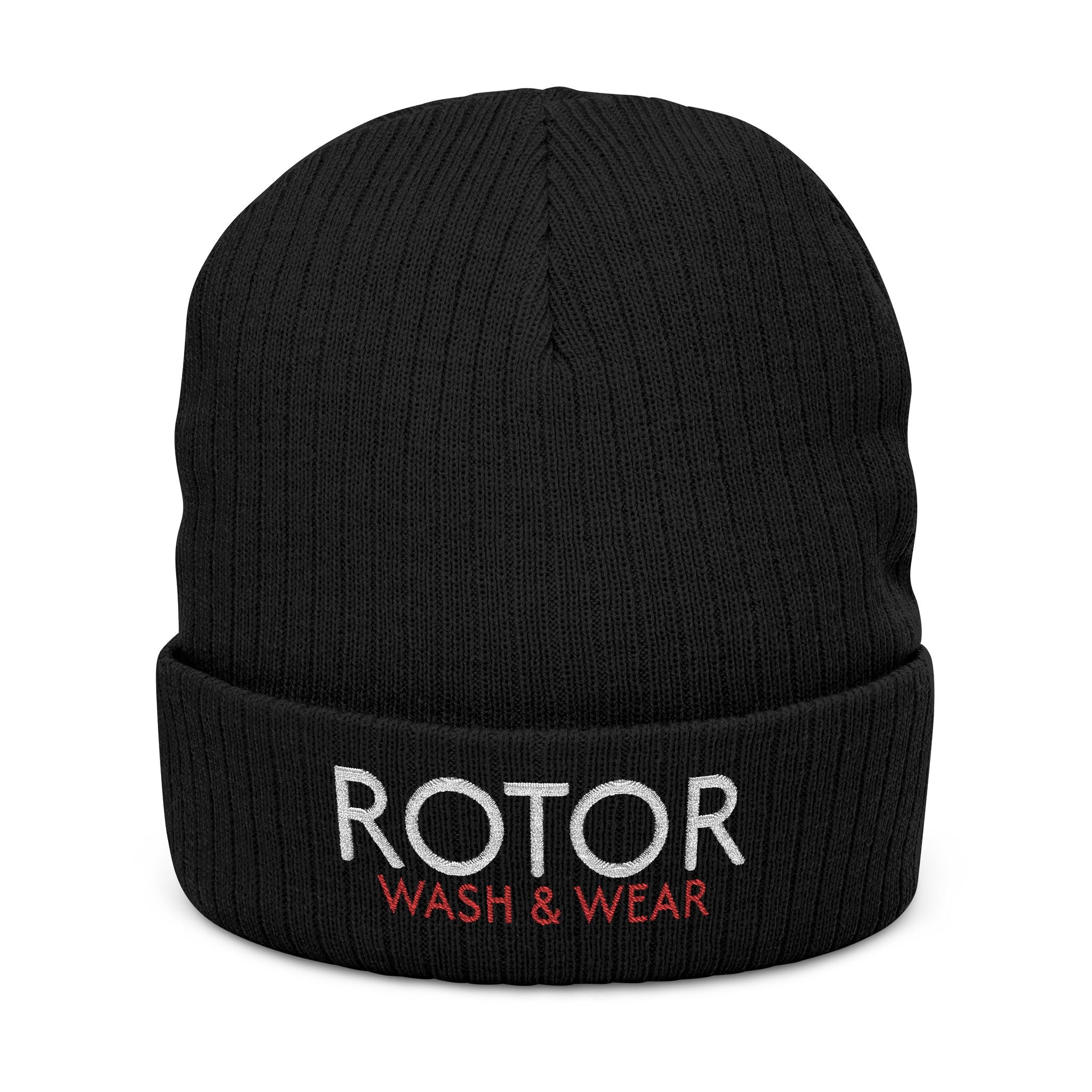 Black beanie with 'Rotor Wash & Wear' text on a white background
