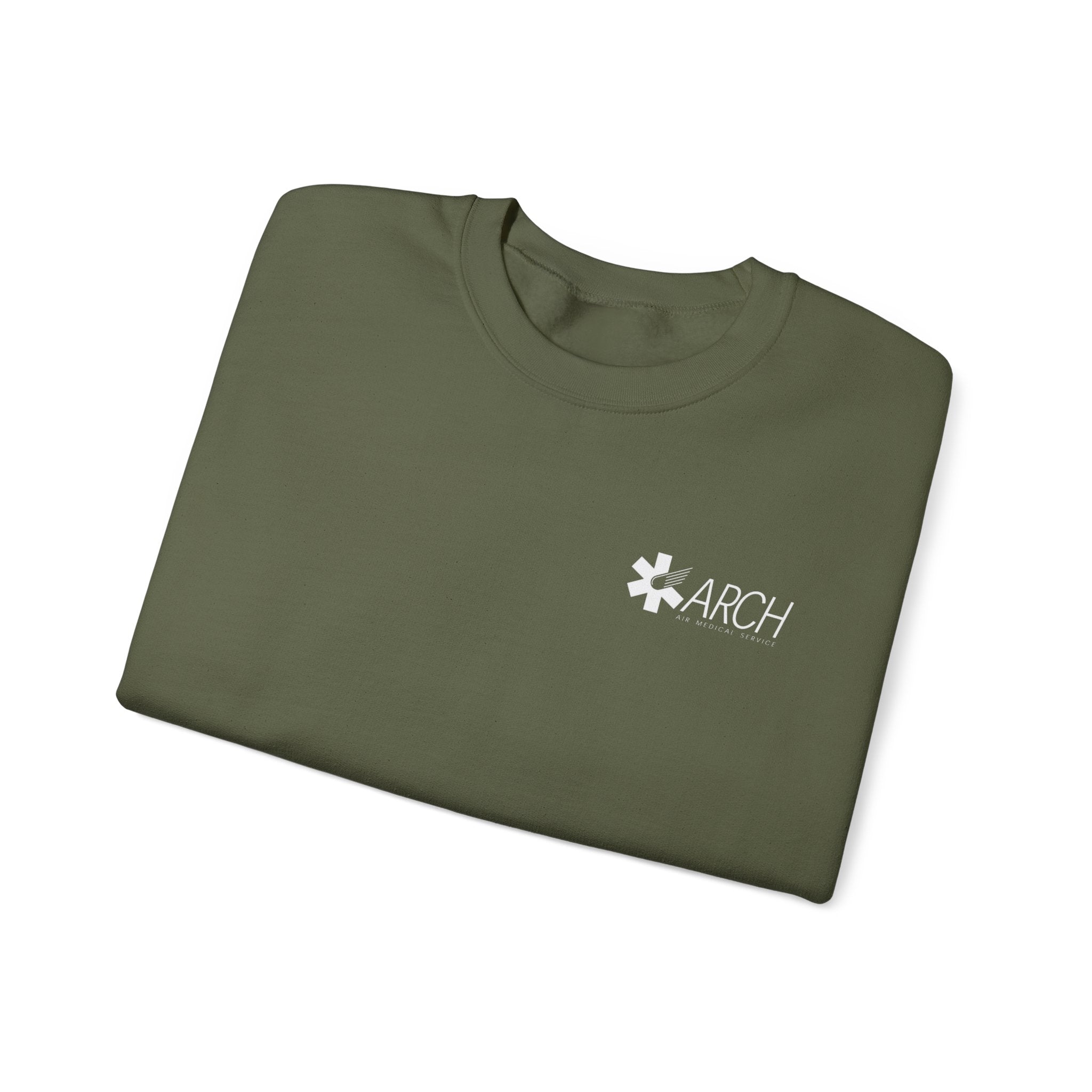 Folded green crewneck sweatshirt with a small ARCH by Air Methods logo on the left chest by Rotor Wash & Wear