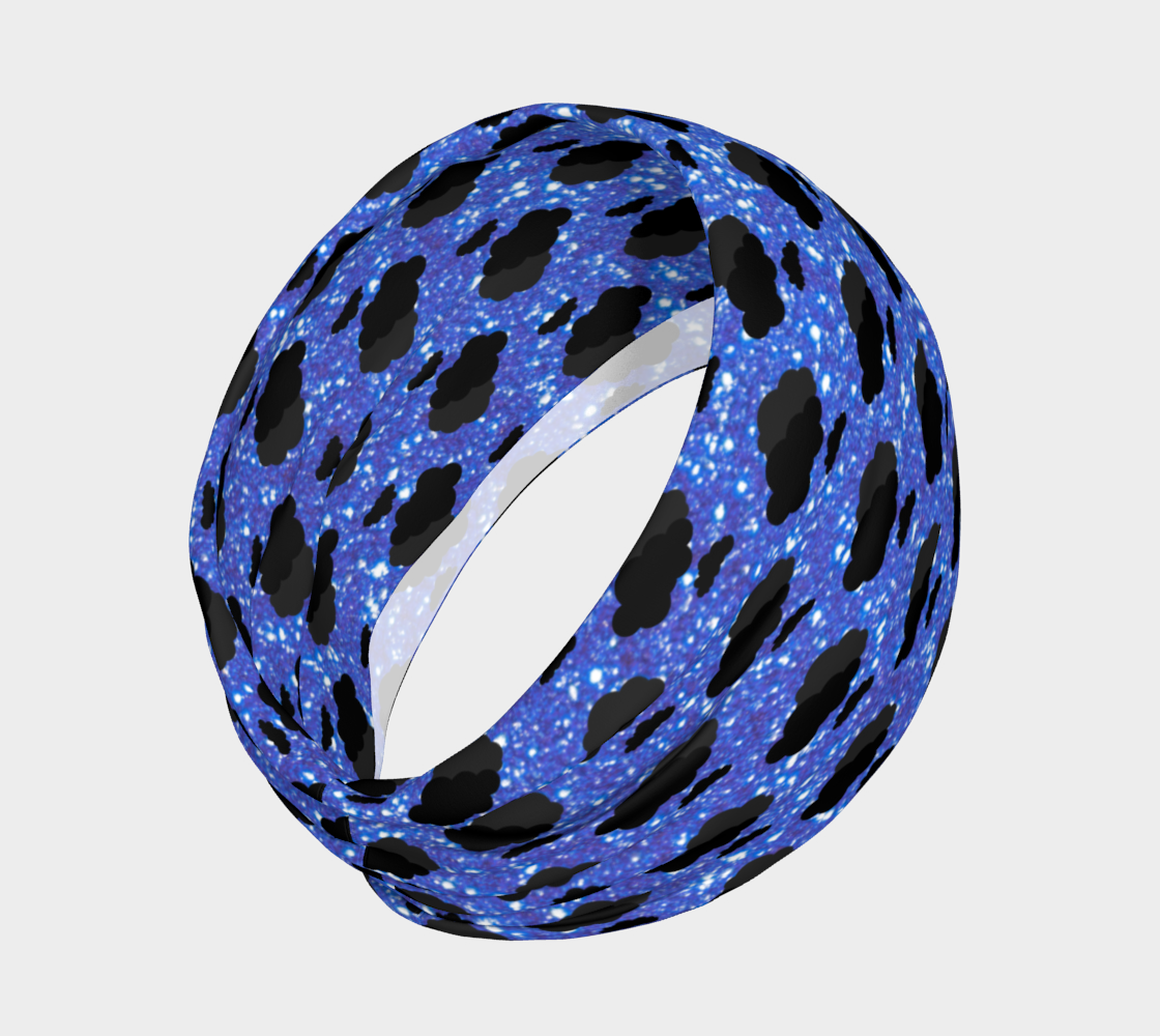 Blue sparkly headband with black cloud pattern on a white background