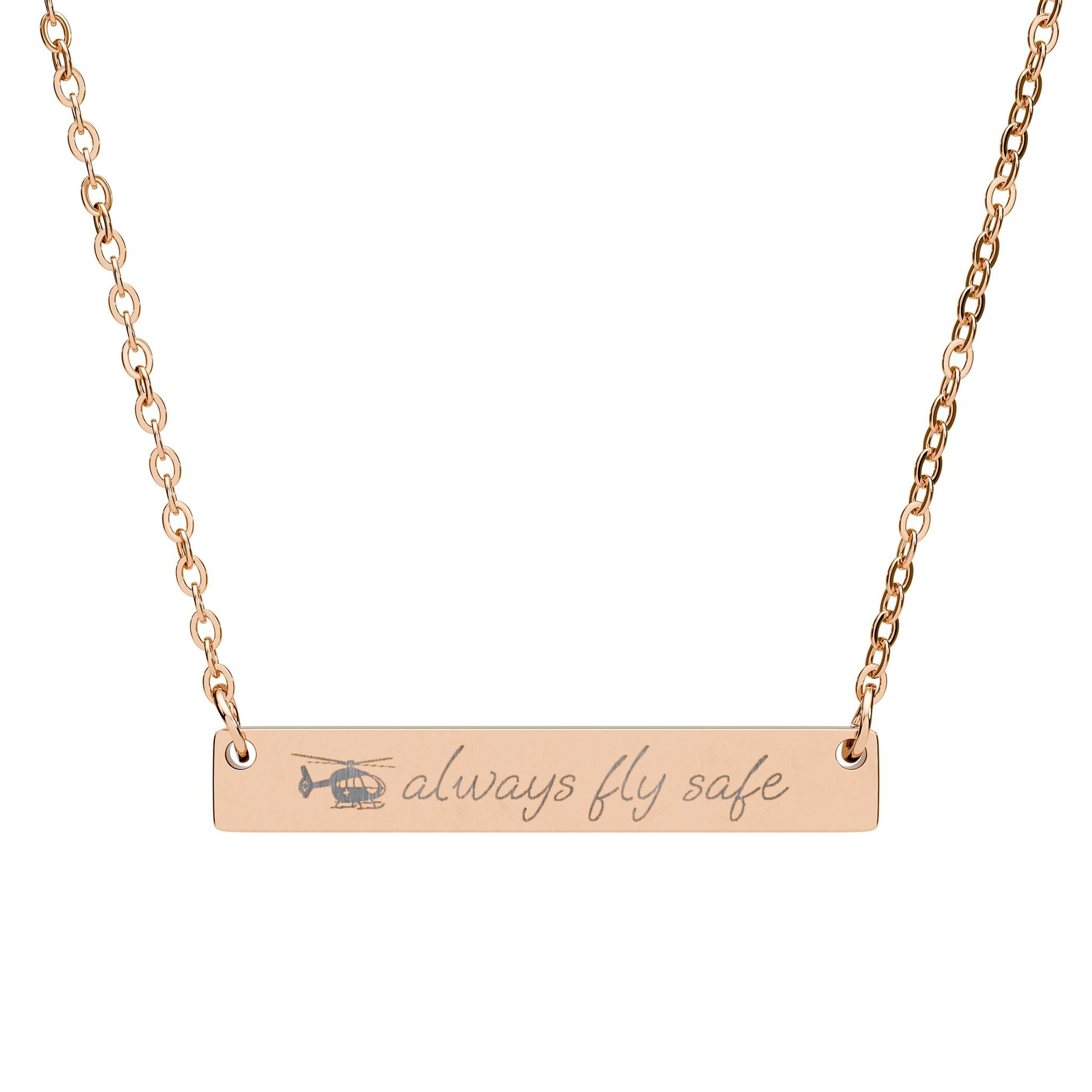 Rose gold necklace with a medical helicopter and 'always fly safe' engraving on a white background