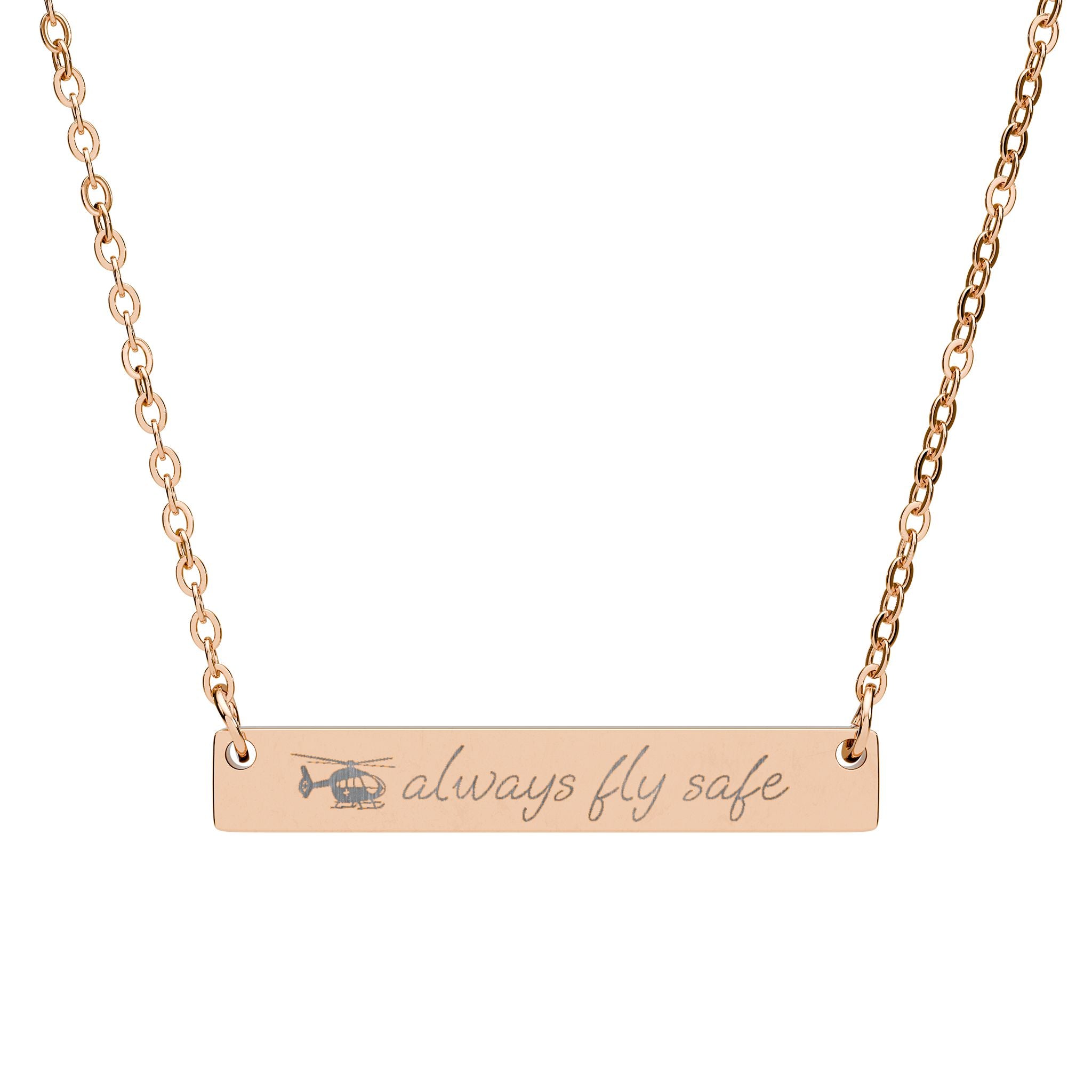Rose gold necklace with a medical helicopter and 'always fly safe' engraving on a white background