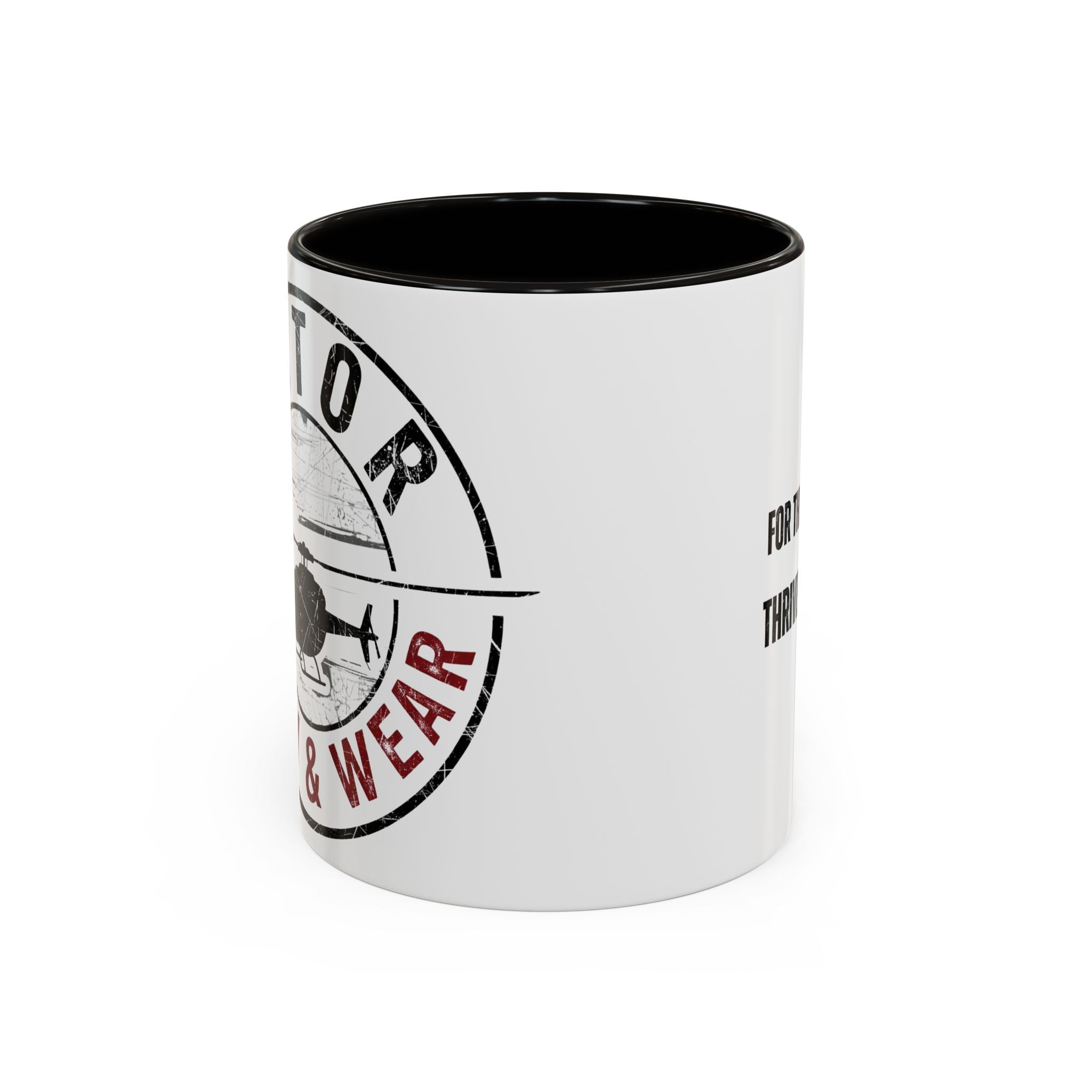 White mug with black interior and handle, featuring a helicopter graphic and text 'Rotor Wash & Wear' on a white background.