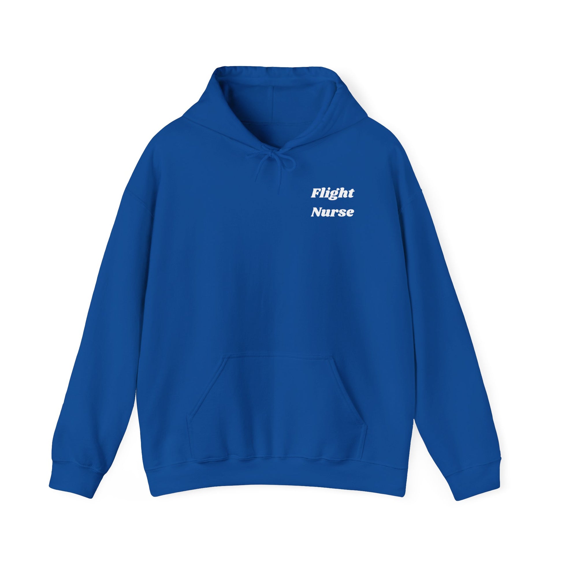 Blue hoodie with 'Flight Nurse' text on a white background