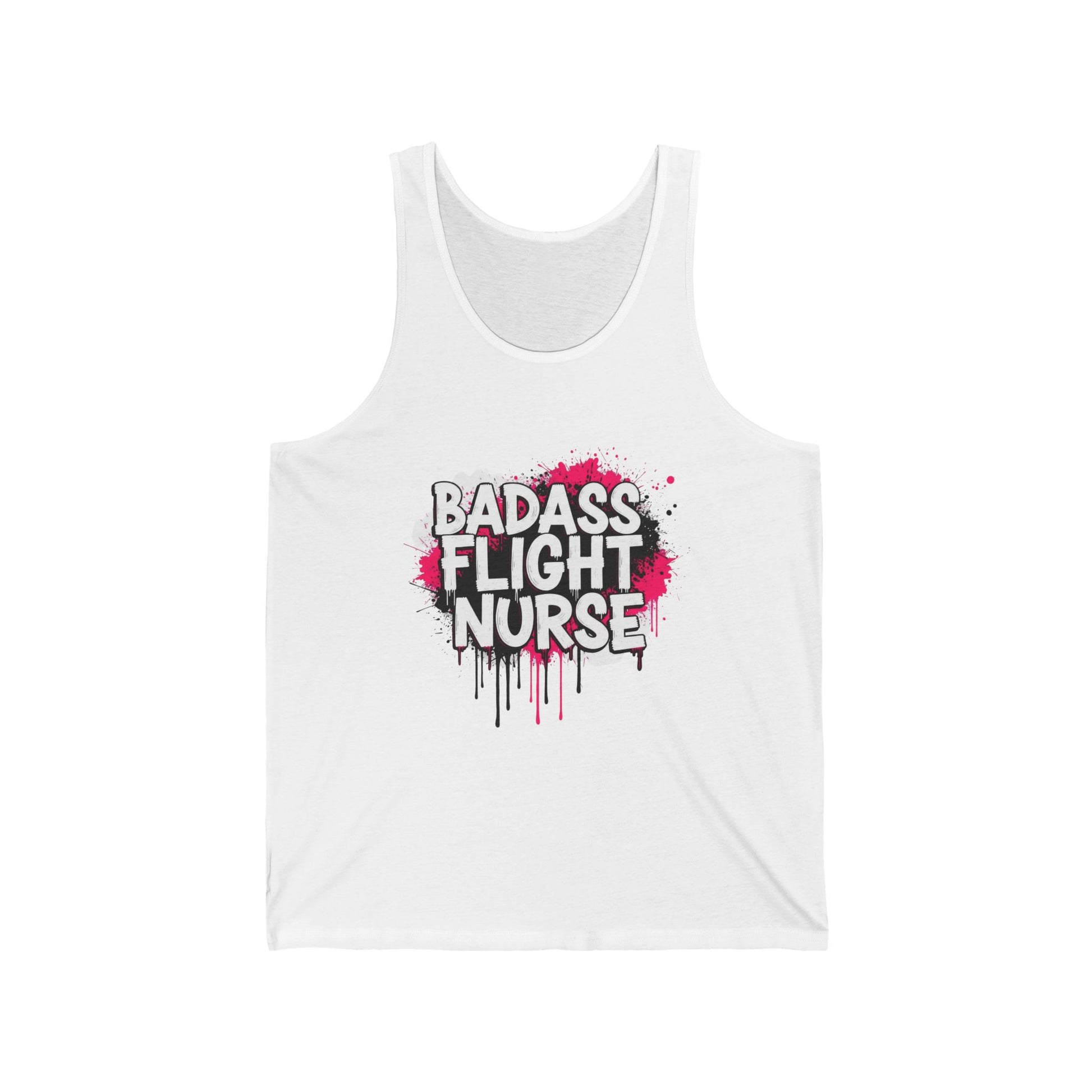 White tank top with 'BADASS FLIGHT NURSE' text and pink design on a white background