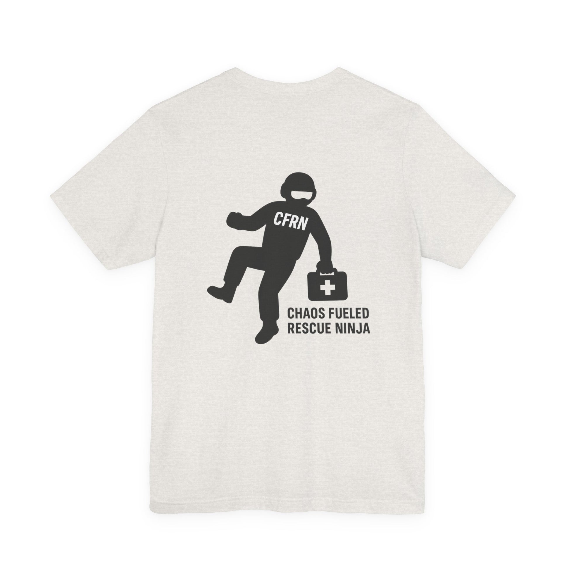 Heather cement t-shirt with a graphic design of a flight nurse/ninja with "CFRN" on their chest and the text "chaos fueled rescue ninja" on a white background