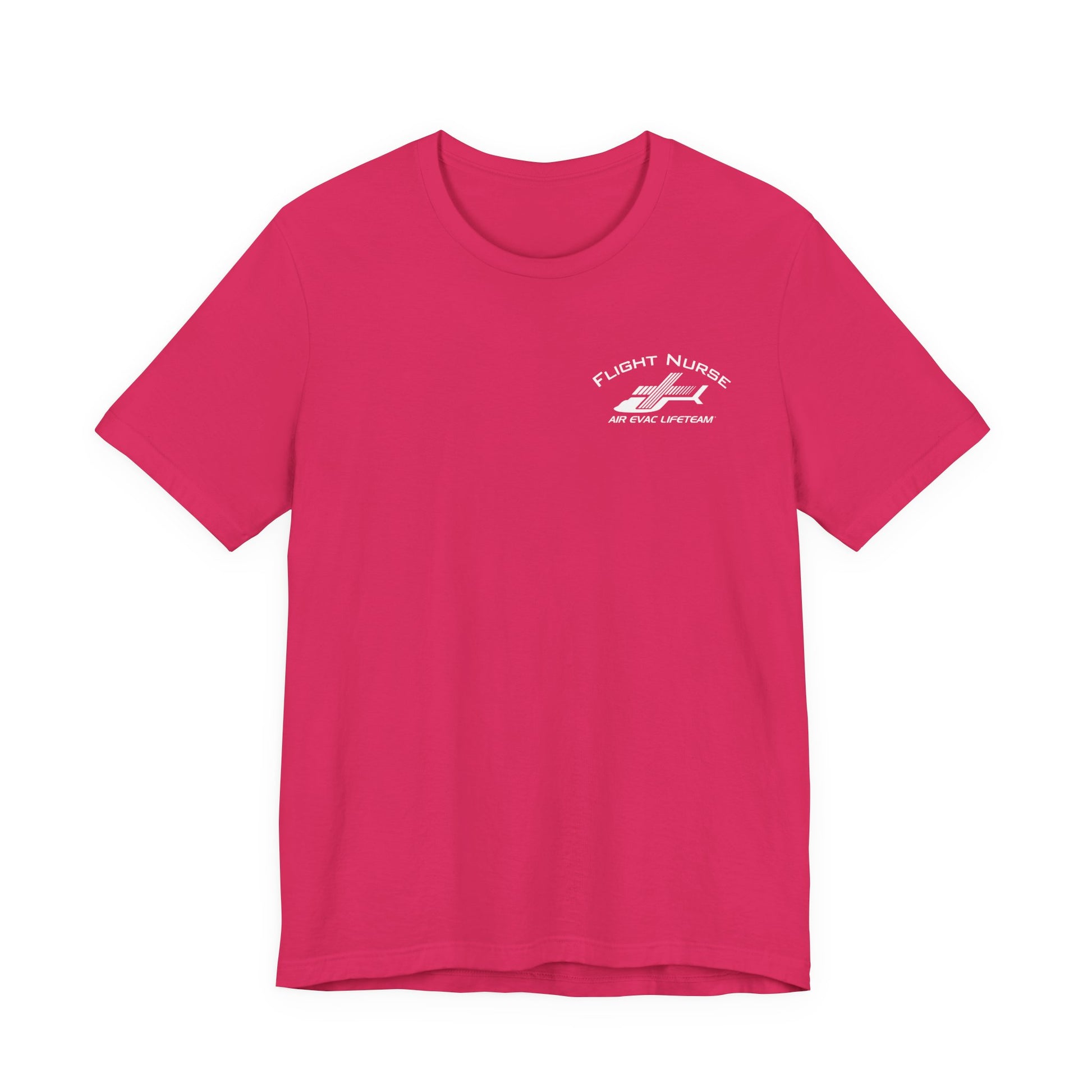 Pink t-shirt with small 'Flight Nurse" text and Air Evac Lifeteam' logo on the left chest by Rotor Wash & Wear