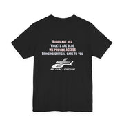 Black t-shirt with Valentine's day poem and Air Evac Lifeteam logo on a white background