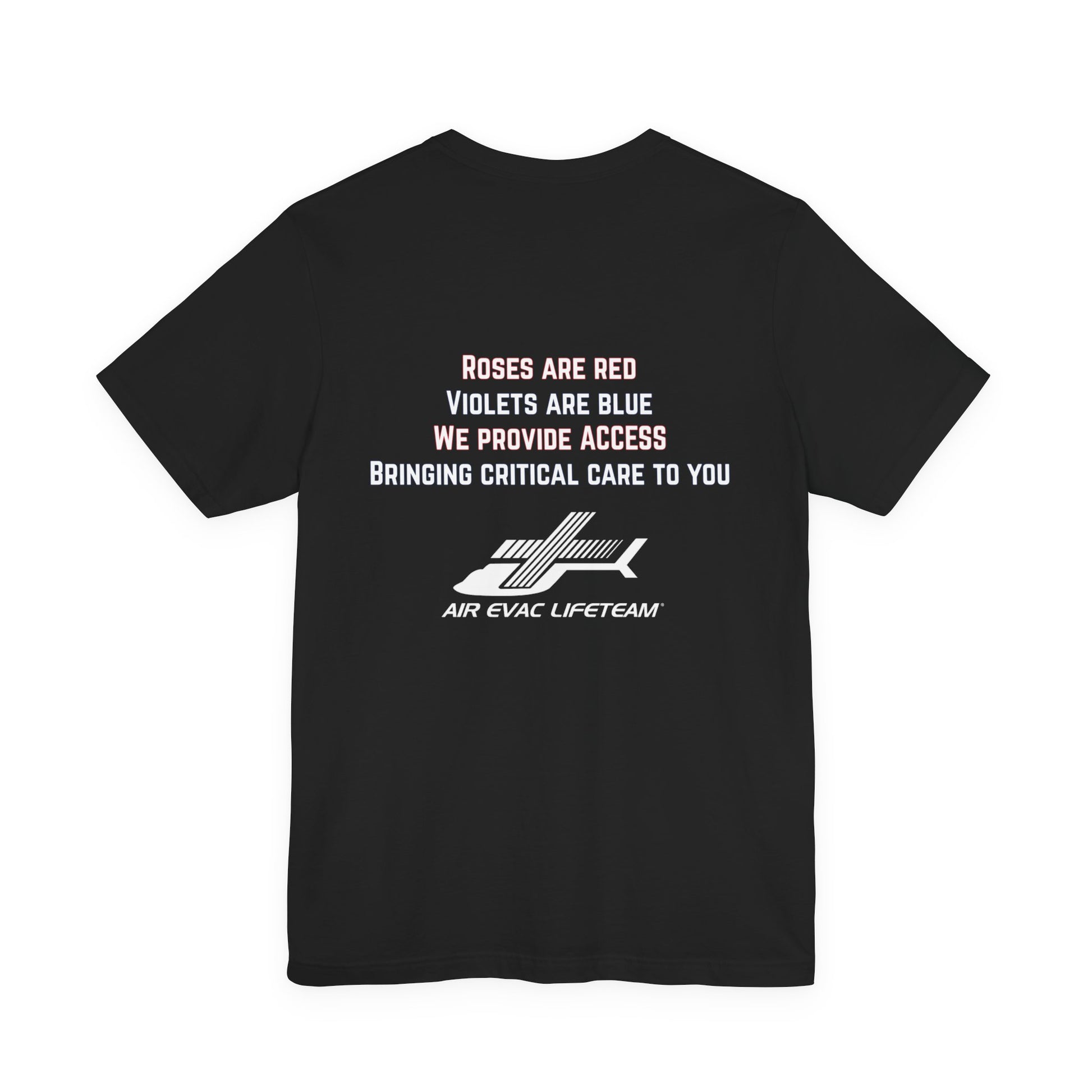 Black t-shirt with Valentine's day poem and Air Evac Lifeteam logo on a white background
