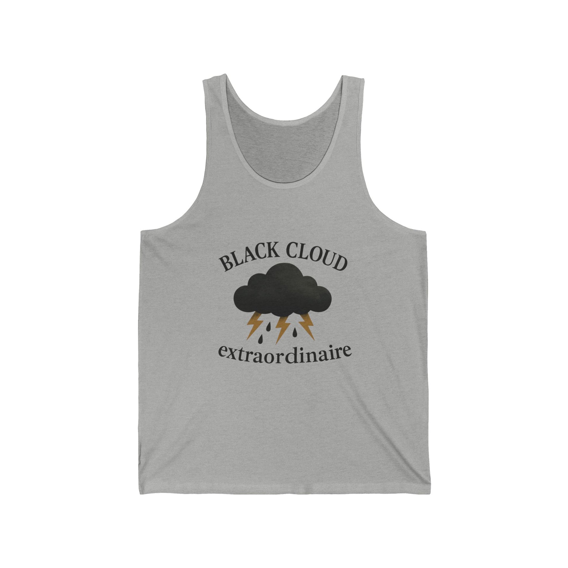 Gray tank top with black cloud graphic and text "Black Cloud Extraordinaire" on a white background
