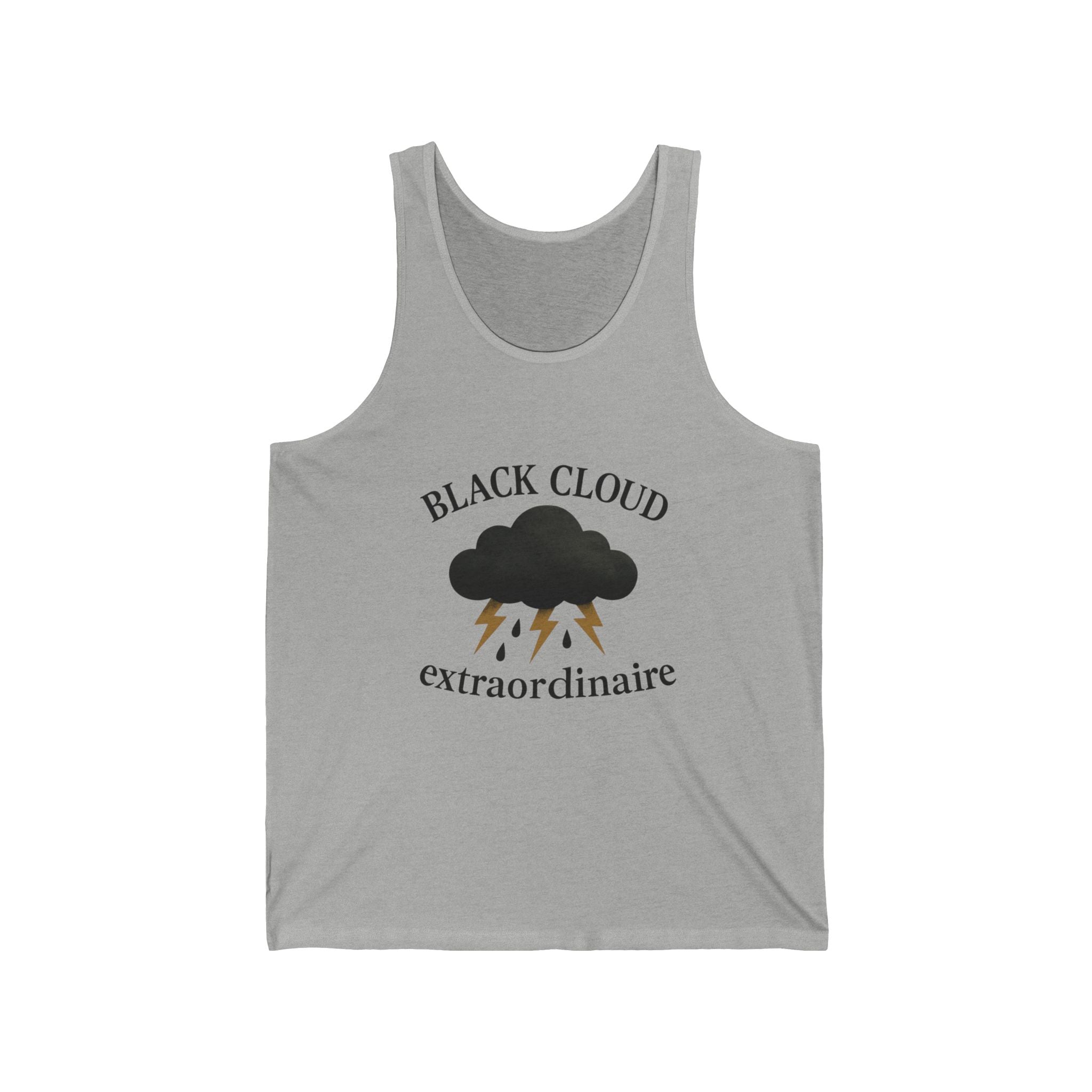 Gray tank top with black cloud graphic and text "Black Cloud Extraordinaire" on a white background