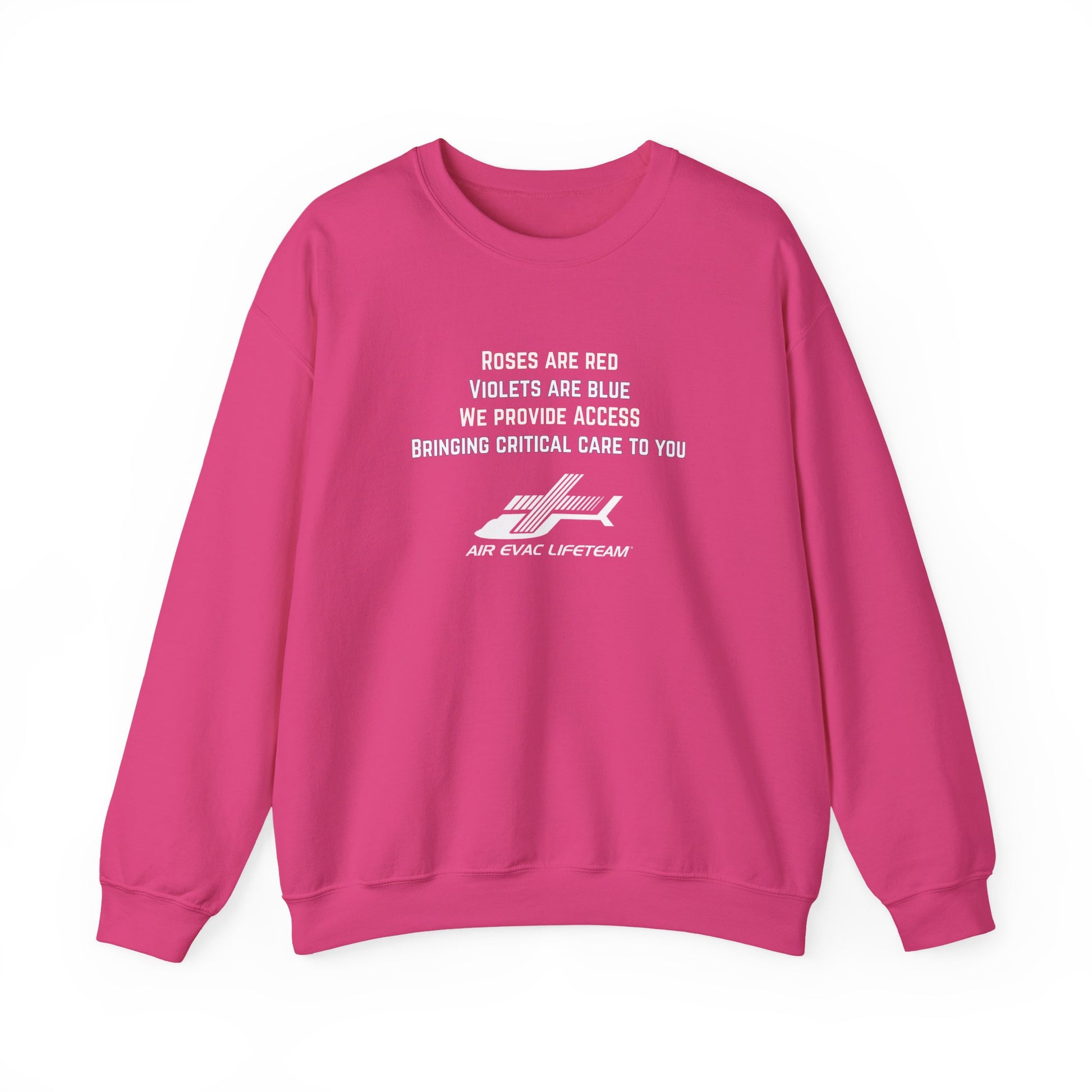Pink crewneck sweatshirt with Valentine's day poem and Air Evac Lifeteam logo on a white background