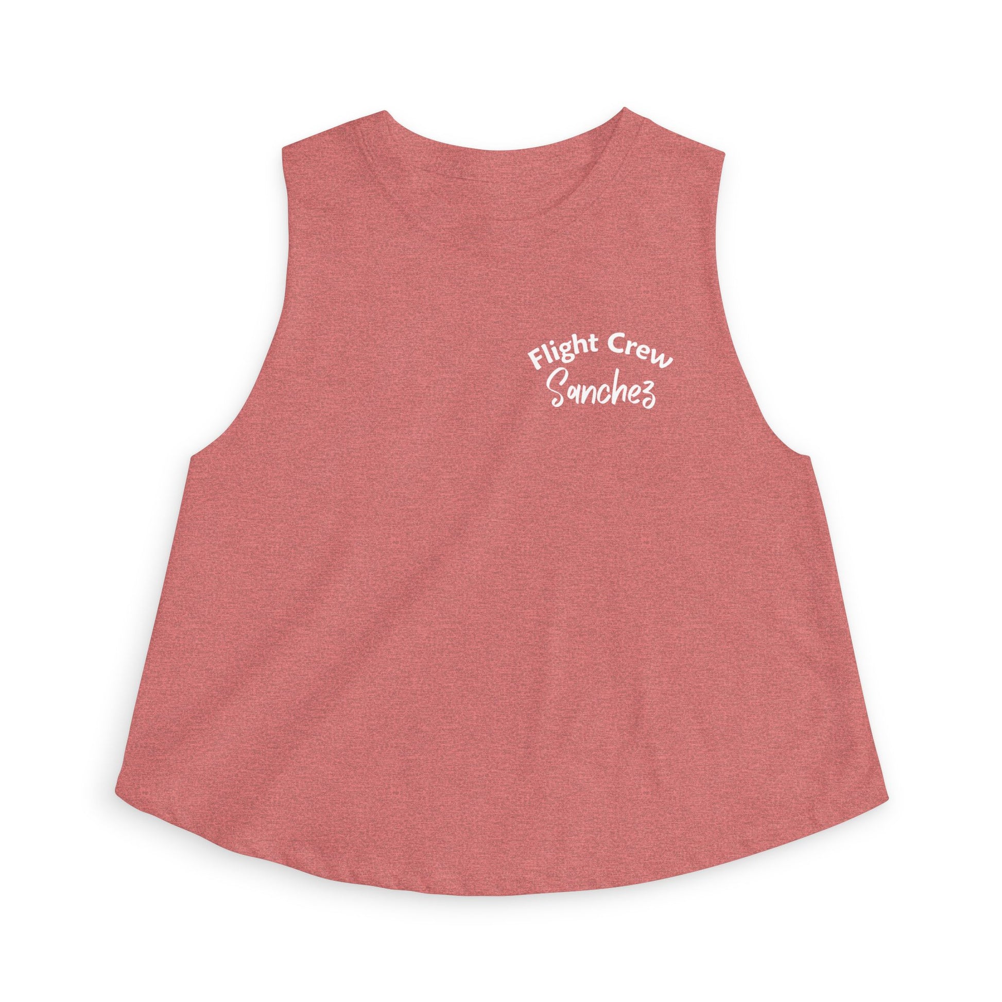 Pink sleeveless shirt with 'Flight Crew Sanchez' text by Rotor Wash & Wear