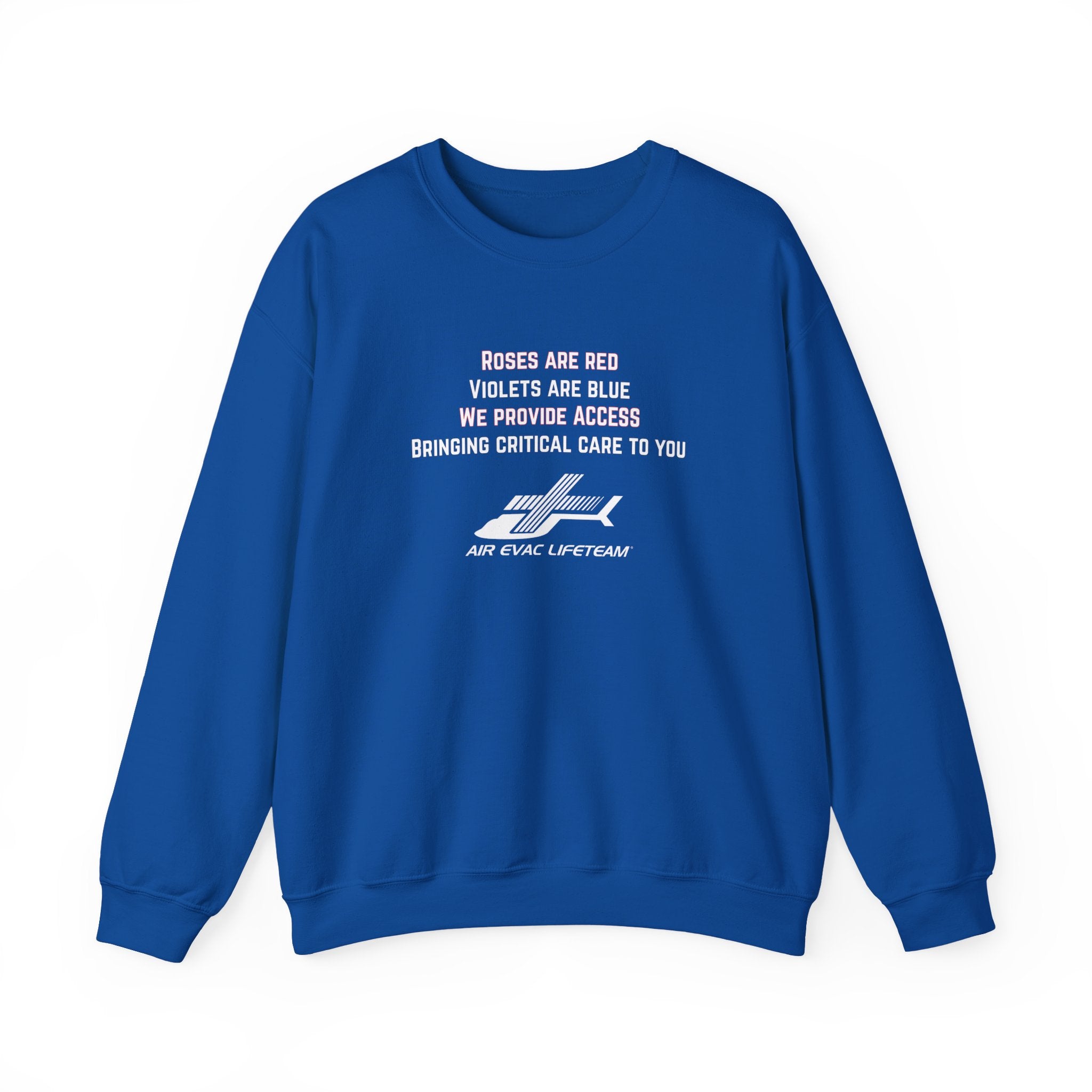 Blue crewneck sweatshirt with Valentine's day poem and Air Evac Lifeteam logo on a white background