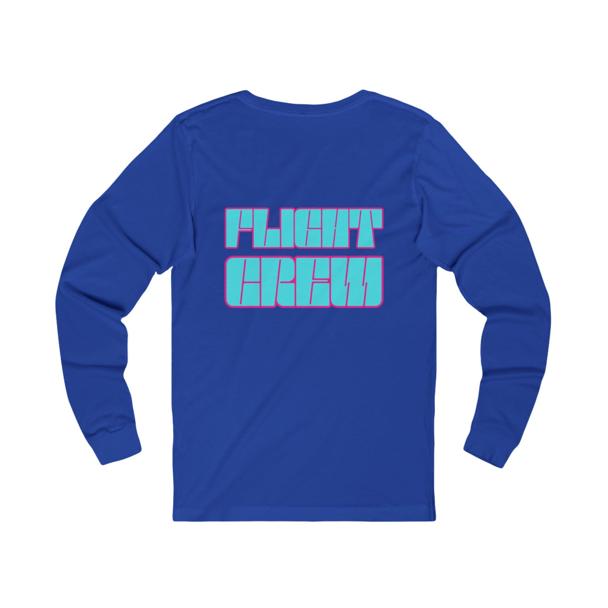 Blue long-sleeve shirt with 'FLIGHT CREW' text in turquoise by Rotor Wash & Wear