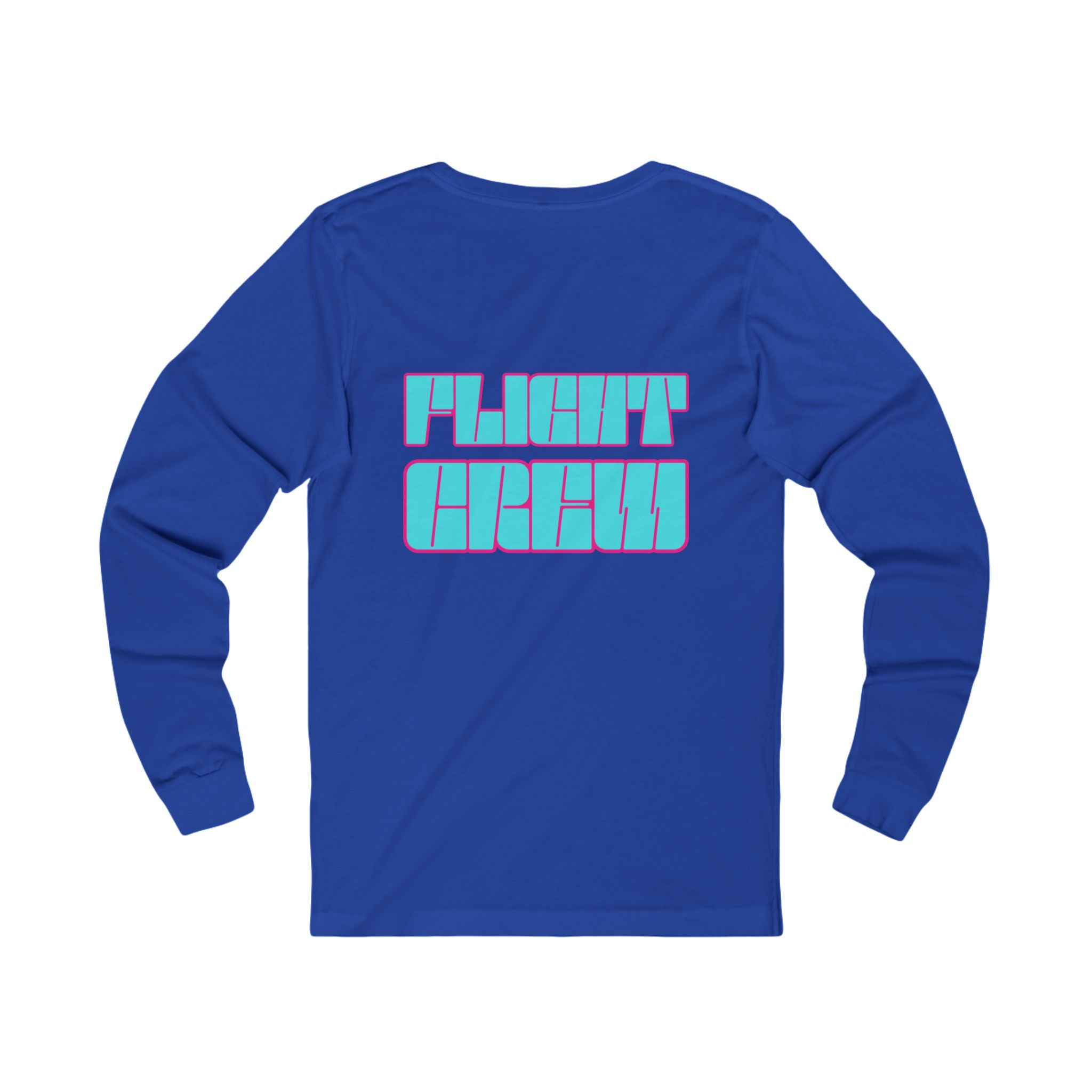 Blue long-sleeve shirt with 'FLIGHT CREW' text in turquoise by Rotor Wash & Wear
