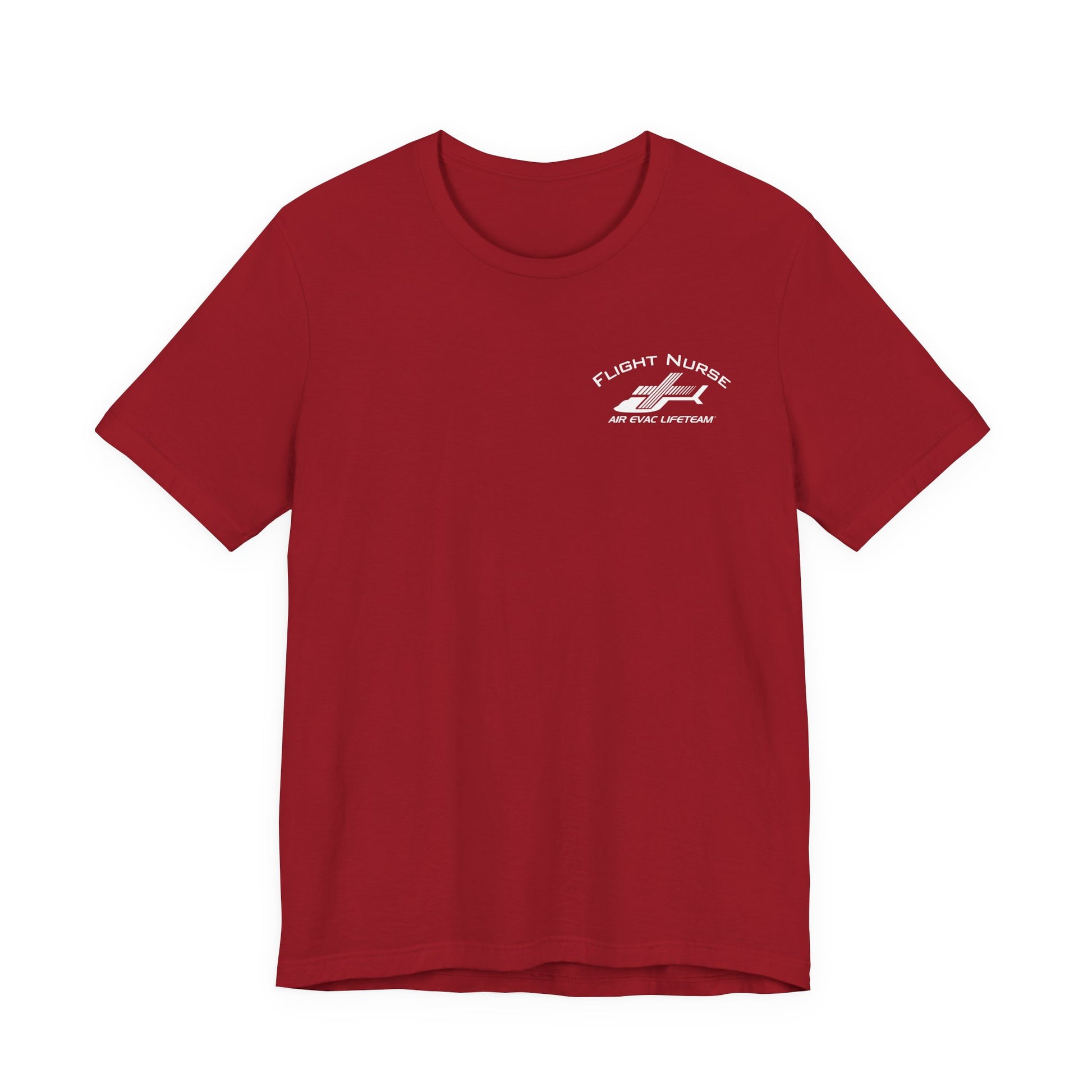 Red t-shirt with small 'Flight Nurse" text and Air Evac Lifeteam' logo on the left chest by Rotor Wash & Wear