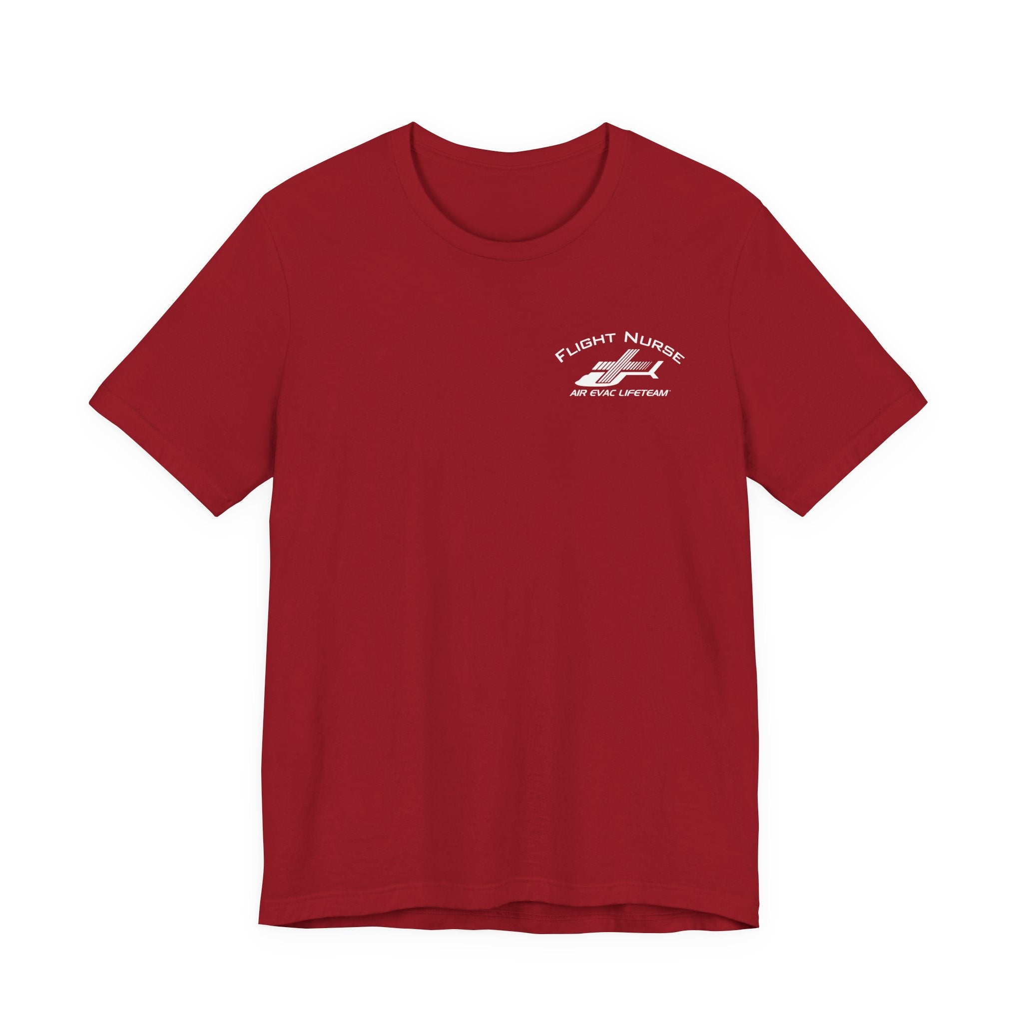 Red t-shirt with small 'Flight Nurse" text and Air Evac Lifeteam' logo on the left chest by Rotor Wash & Wear