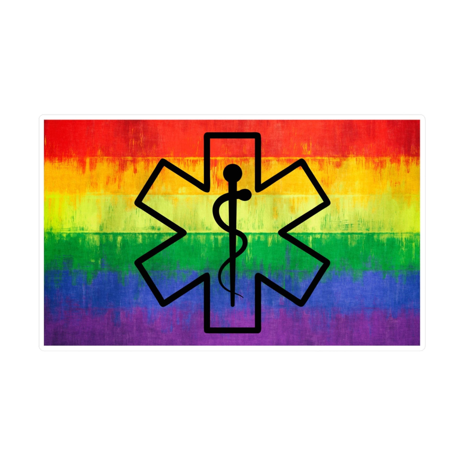 Sticker of rainbow Pride flag with a black star of life symbol by Rotor Wash & Wear
