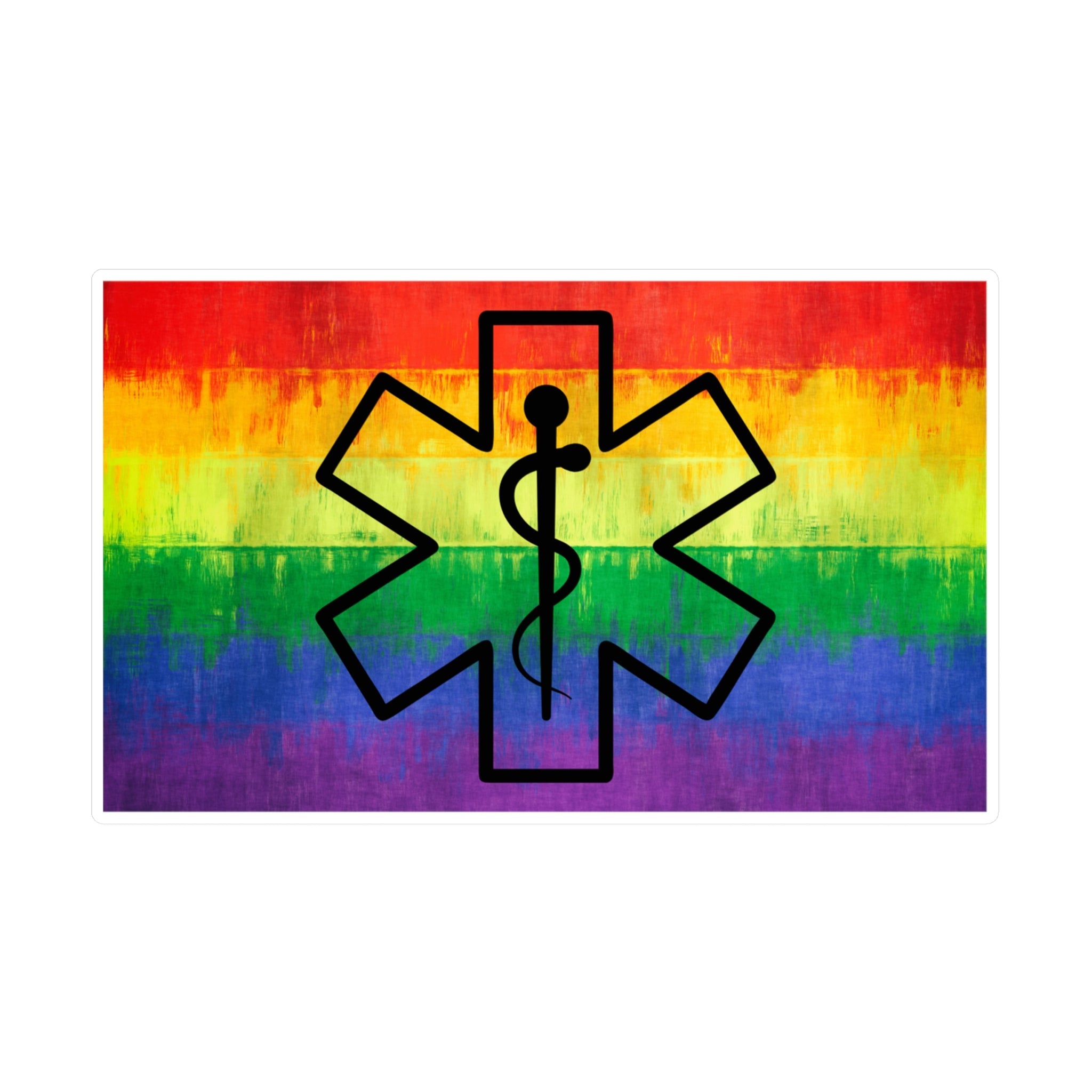 Sticker of rainbow Pride flag with a black star of life symbol by Rotor Wash & Wear