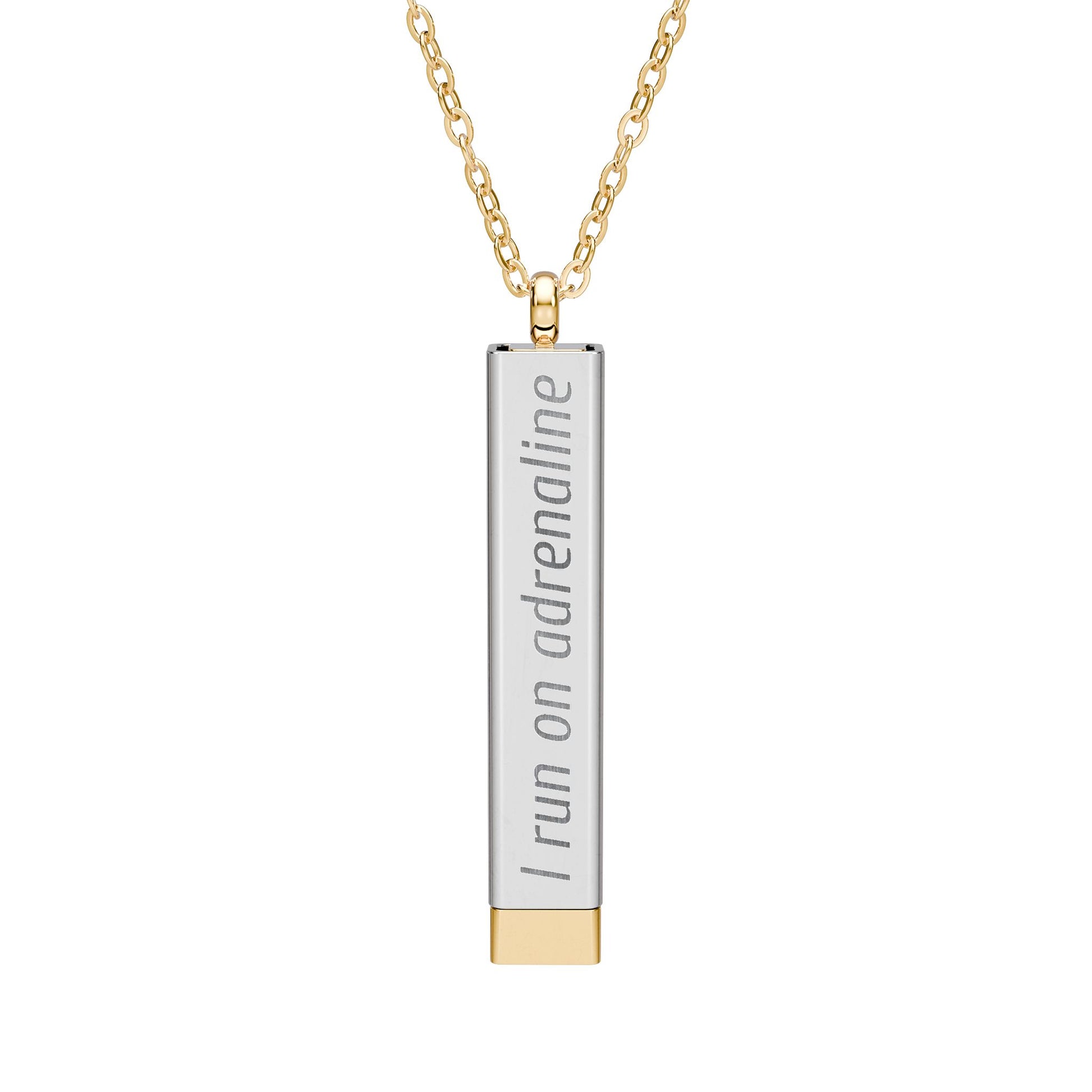 Silver and gold two-toned necklace with a cylindrical pendant engraved with 'I run on adrenaline' with hidden interior engraving "and spite" by Rotor Wash & Wear