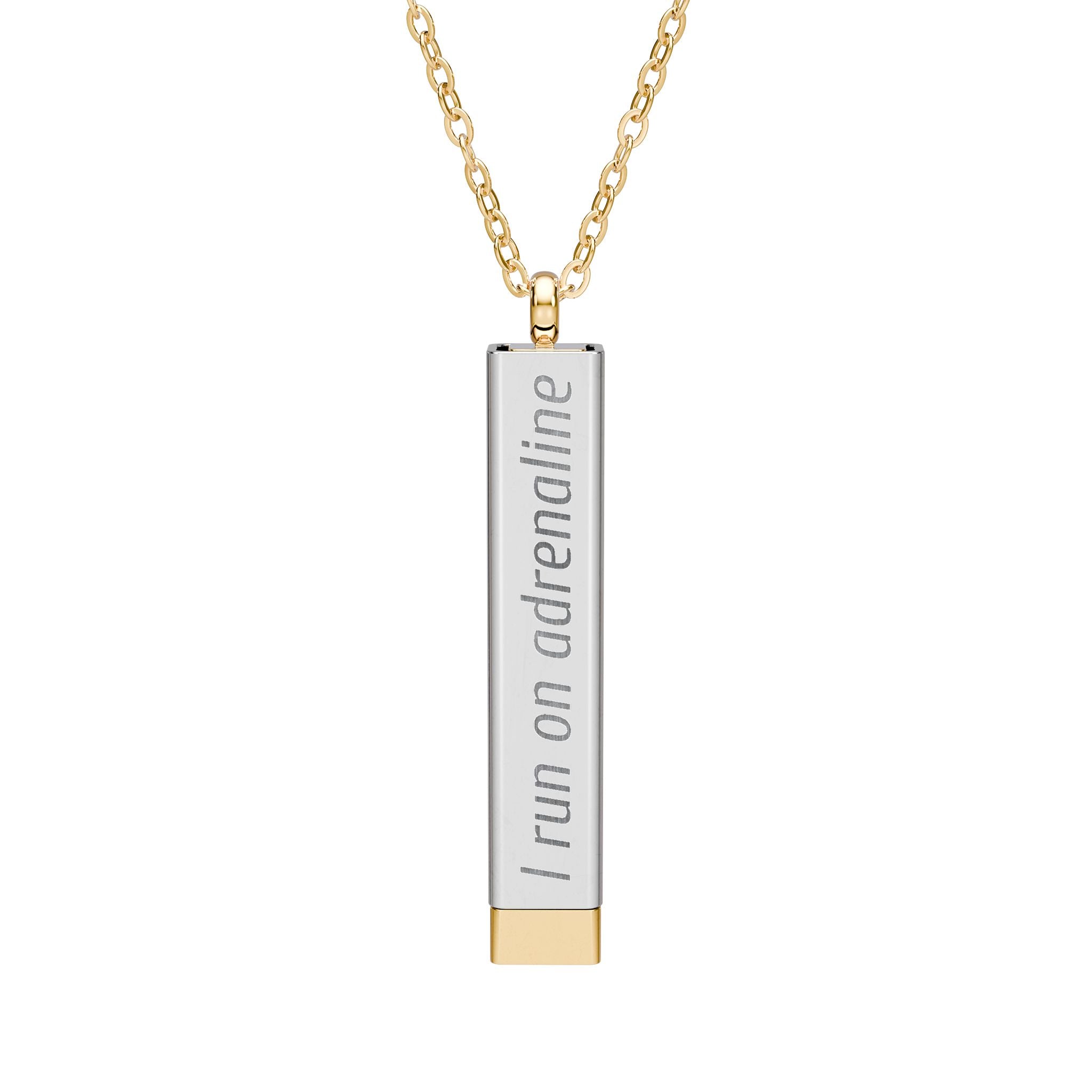 Silver and gold two-toned necklace with a cylindrical pendant engraved with 'I run on adrenaline' with hidden interior engraving "and spite" by Rotor Wash & Wear