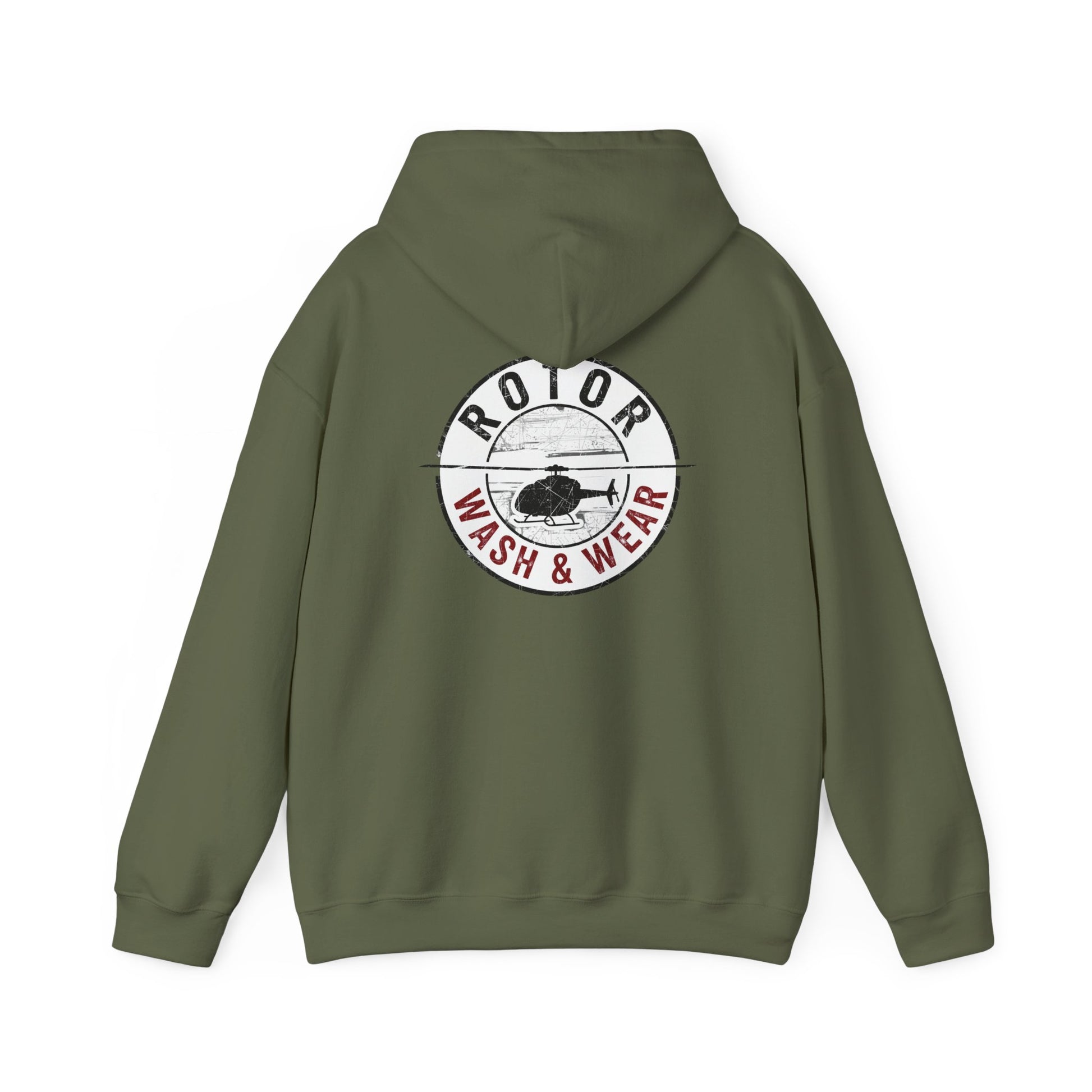 Green hoodie with 'Rotor Wash & Wear' logo on the back against a white background