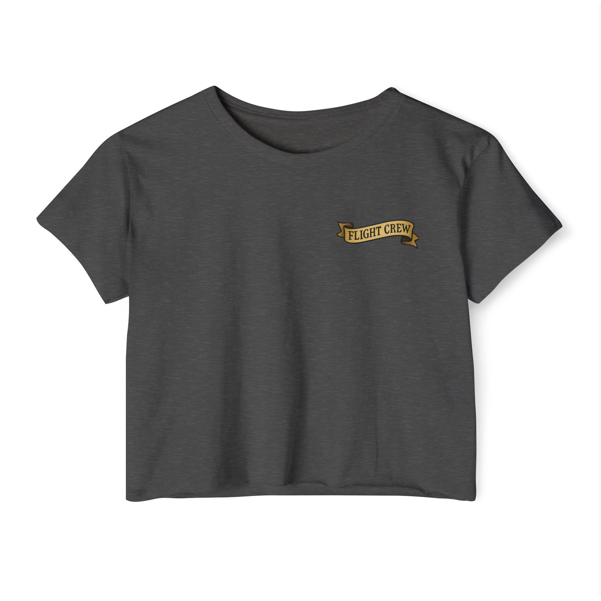 Dark gray crop top with 'FLIGHT CREW' text on a white background