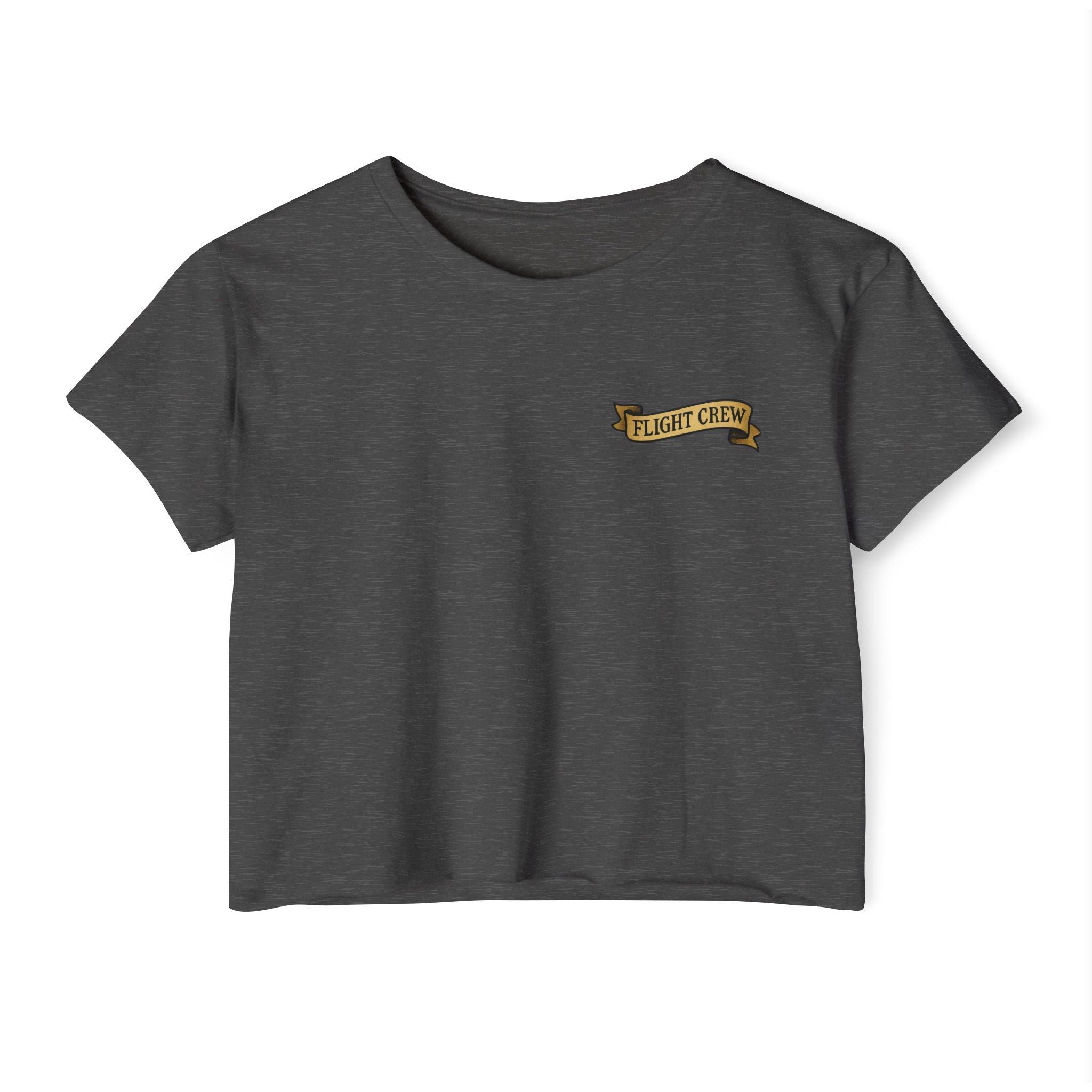 Dark gray crop top with 'FLIGHT CREW' text on a white background