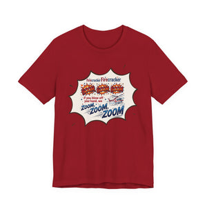Red t-shirt with text 'Firecracker, Firecracker, Boo, Boom, Boom - If you blow off your hand, we Zoom, Zoom, Zoom' with firecracker and medical helicopter graphics by Rotor Wash & Wear