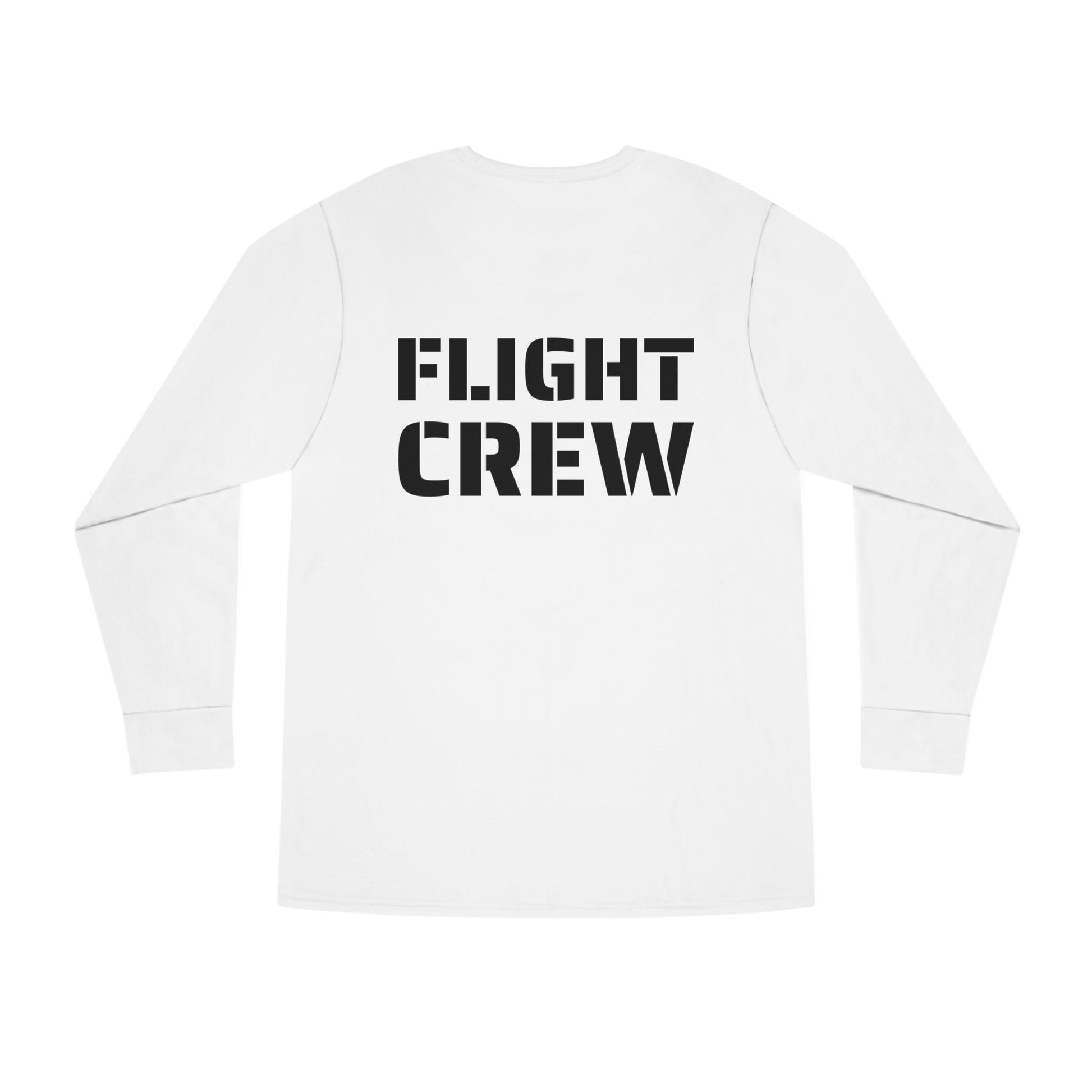 White long-sleeve shirt with 'FLIGHT CREW' stencil text by Rotor Wash & Wear