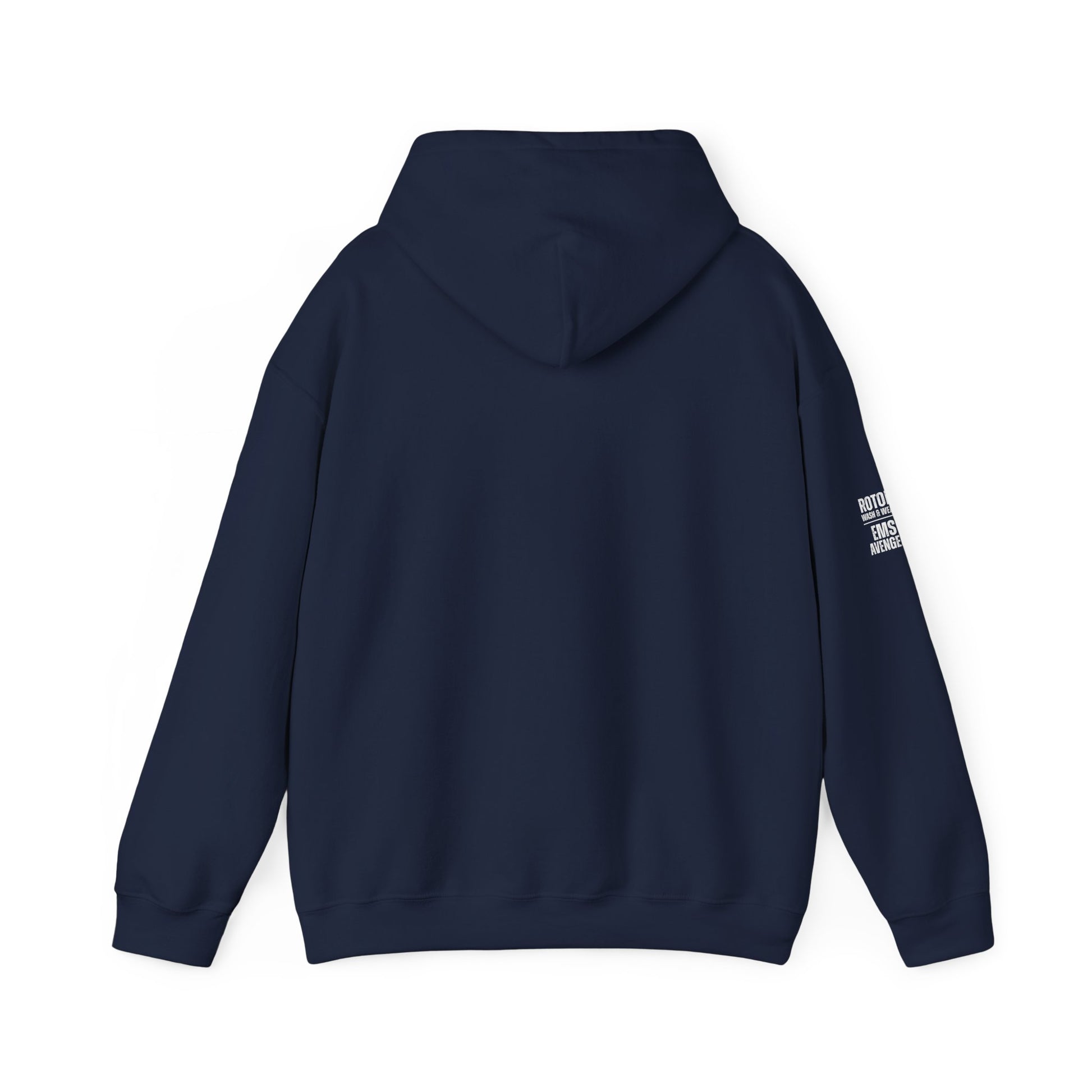 Navy blue hoodie with a small white logo on the sleeve against a white background