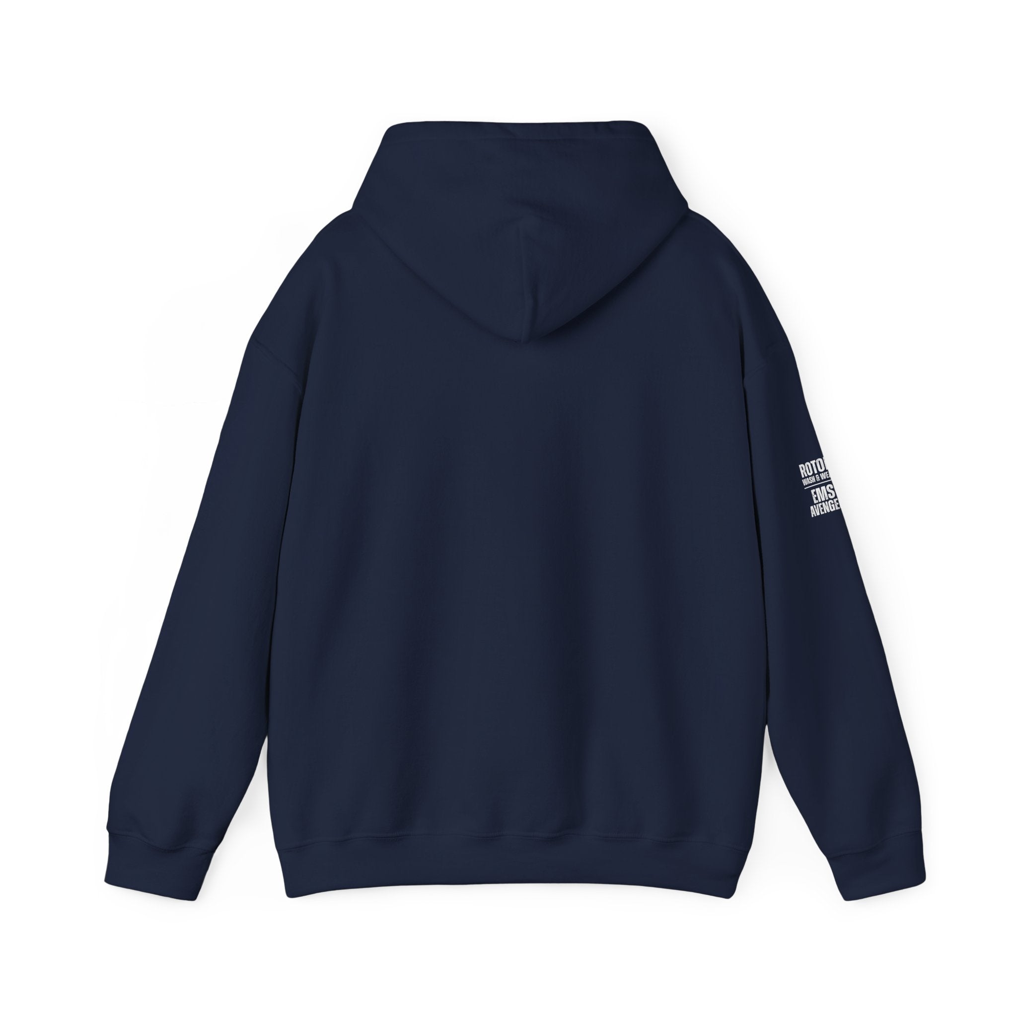 Navy blue hoodie with a small white logo on the sleeve against a white background