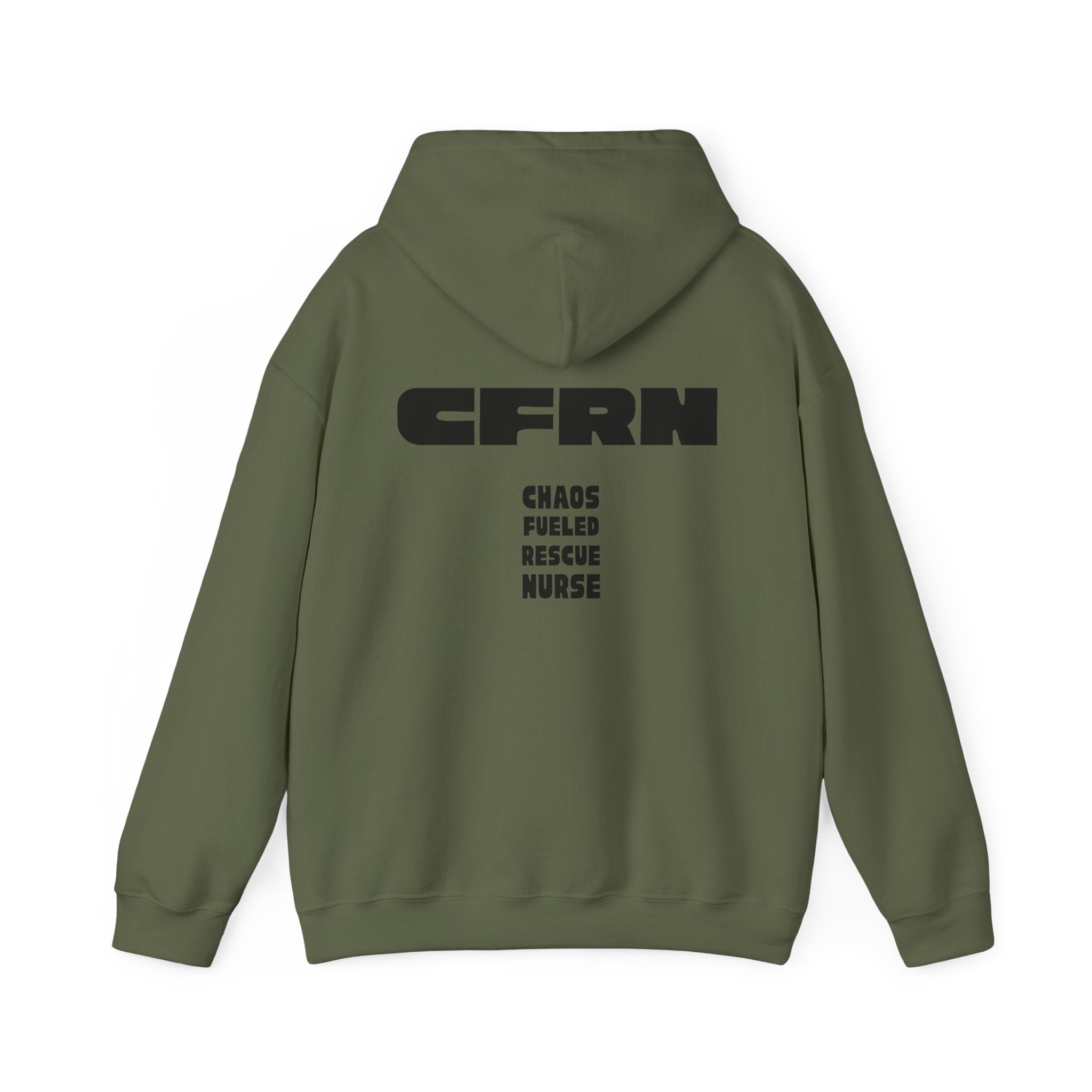 Green hoodie with 'CFRN' and 'Chaos Fueled Rescue Nurse' text on the back against a white background