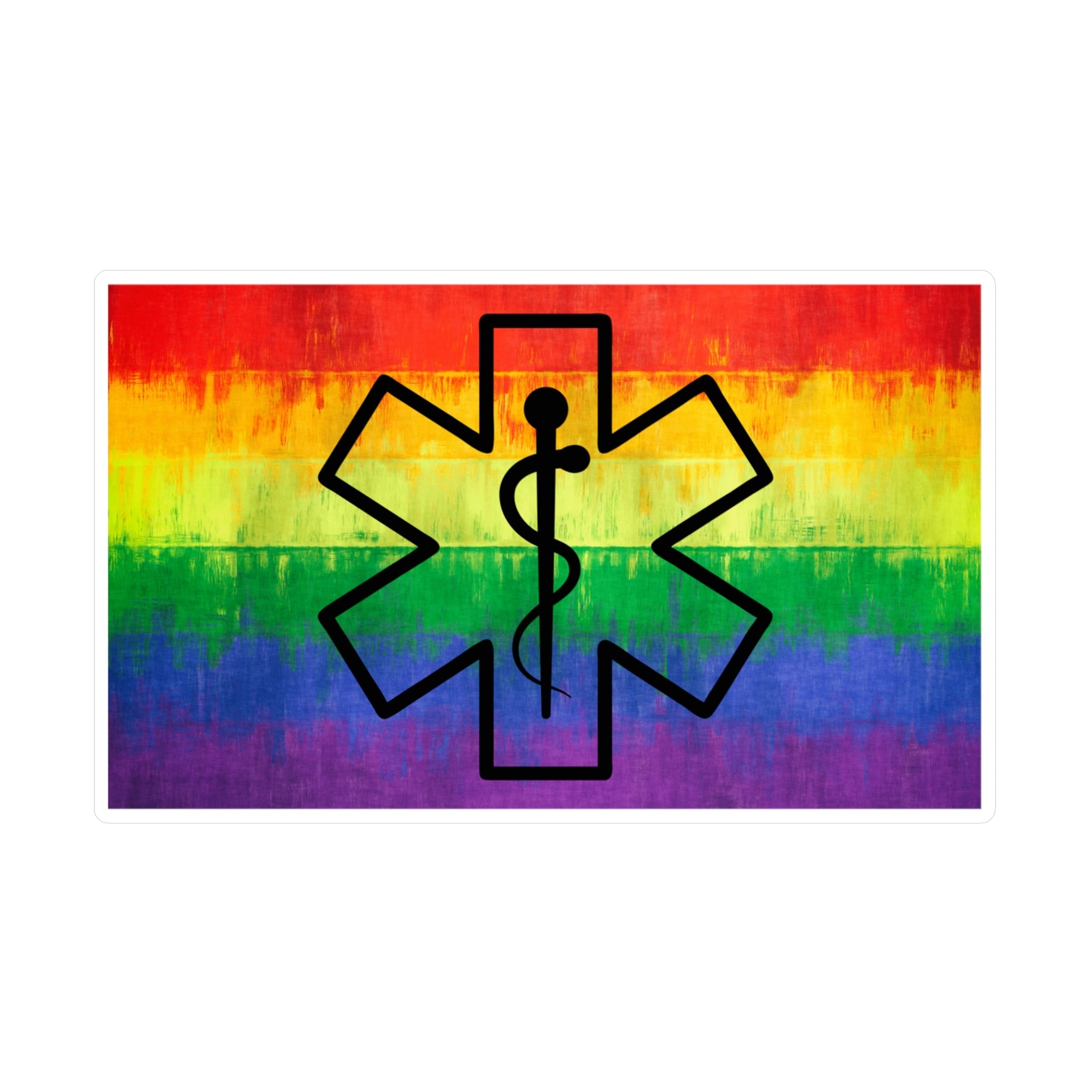 Sticker of rainbow Pride flag with a black star of life symbol by Rotor Wash & Wear