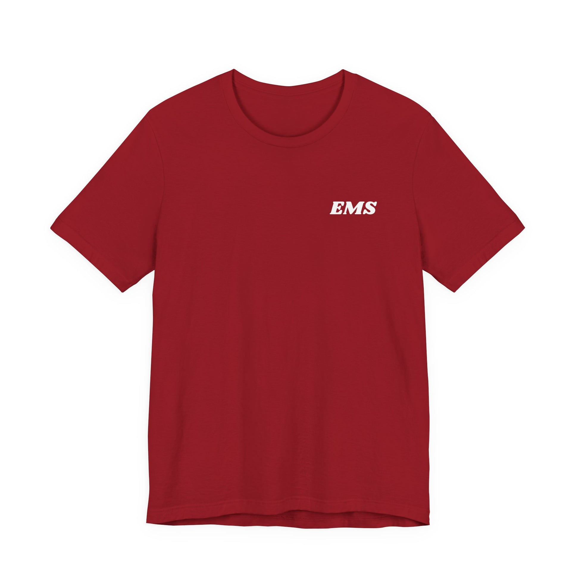 Red t-shirt with 'EMS' logo on a white background
