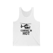 White tank top with helicopter graphic and text 'Coming in Hot' on a white background