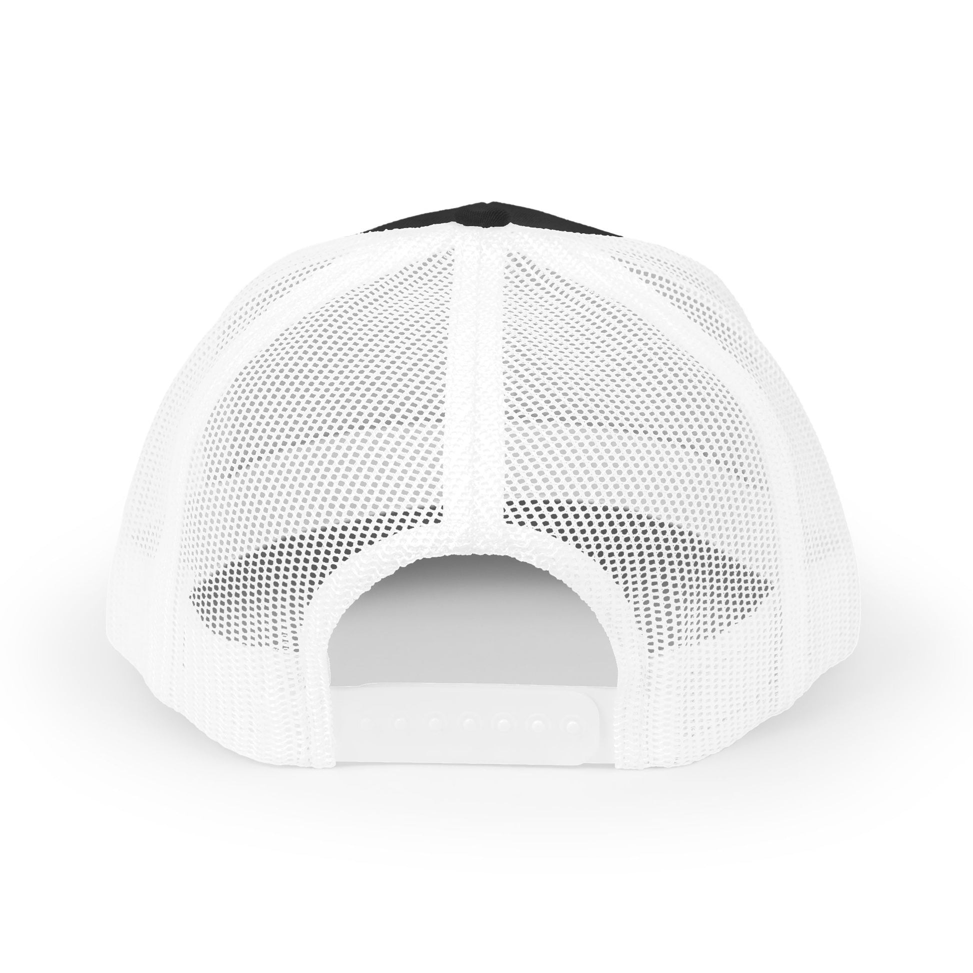 White mesh cap with black brim on a white background