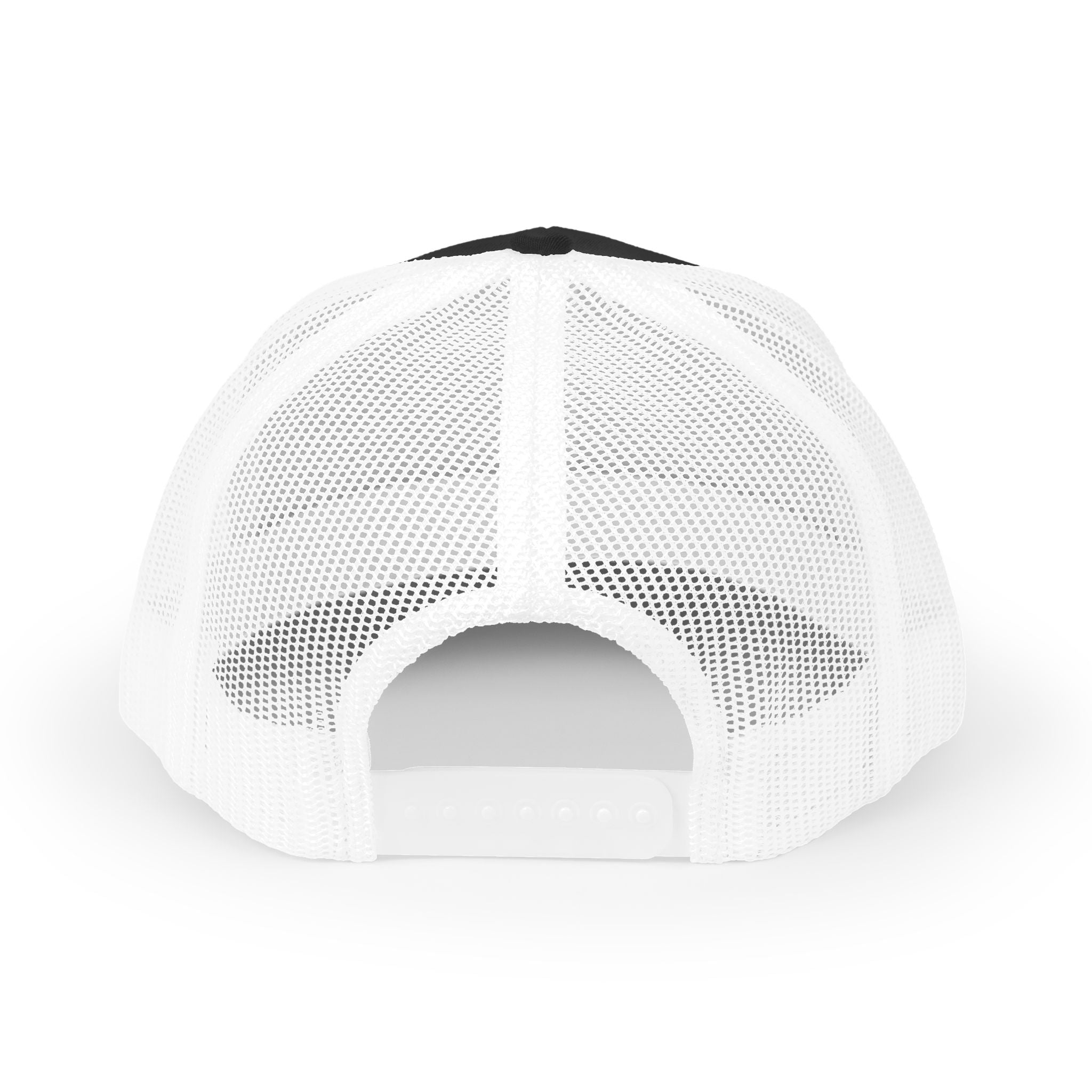 White mesh cap with black brim on a white background