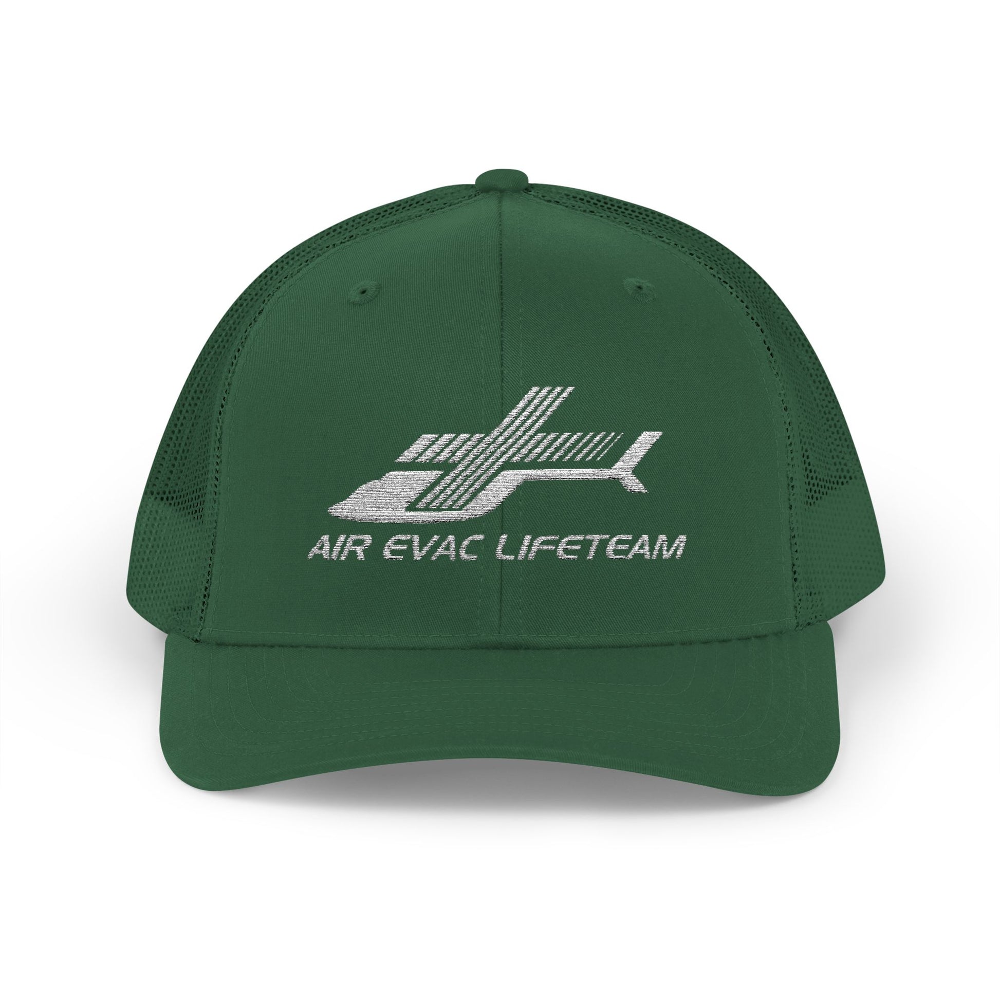 Green trucker hat with 'Air Evac Lifeteam' embroidered logo on a white background