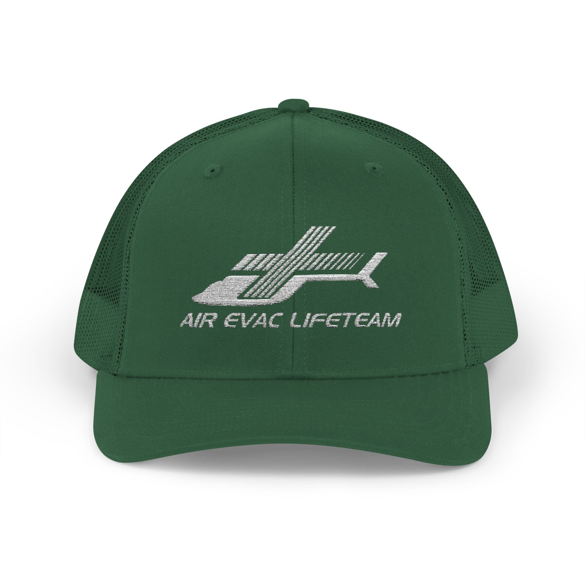 Green trucker hat with 'Air Evac Lifeteam' embroidered logo on a white background