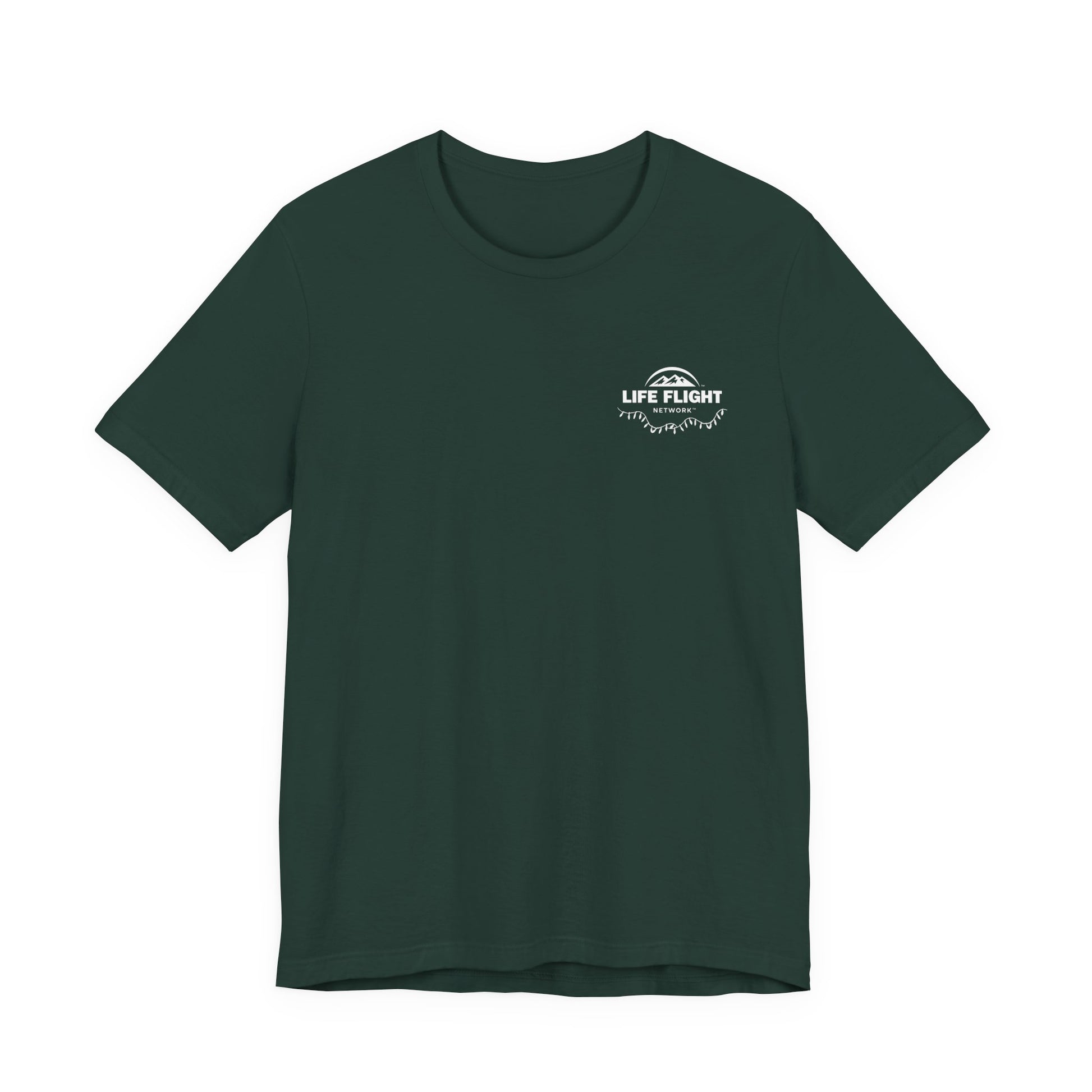 Green  t-shirt with a Life Flight logo with Christmas lights on the chest by Rotor Wash & Wear